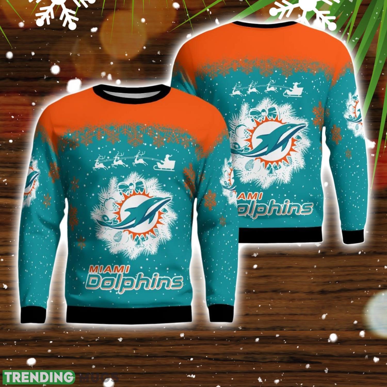 Miami Dolphins Santa sleigh driving reindeer Pattern Ugly Christmas Sweater Product Photo 1 Miami Dolphins Santa sleigh driving reindeer Pattern Ugly Christmas Sweater Product Photo 1