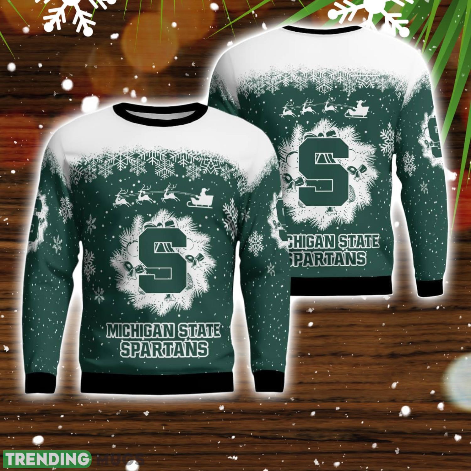 Michigan State Spartans Santa sleigh driving reindeer Pattern Ugly Christmas Sweater Product Photo 1