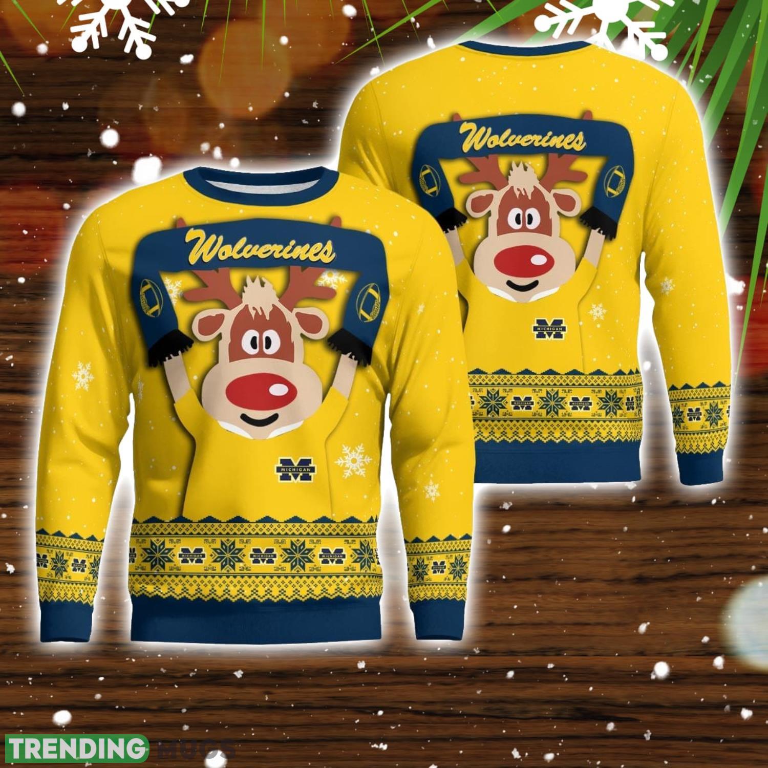 Michigan Wolverines Cute Reindeer Ugly Christmas Sweater Christmas Party Gift Product Photo 1 Michigan Wolverines Cute Reindeer Ugly Christmas Sweater Christmas Party Gift Product Photo 1