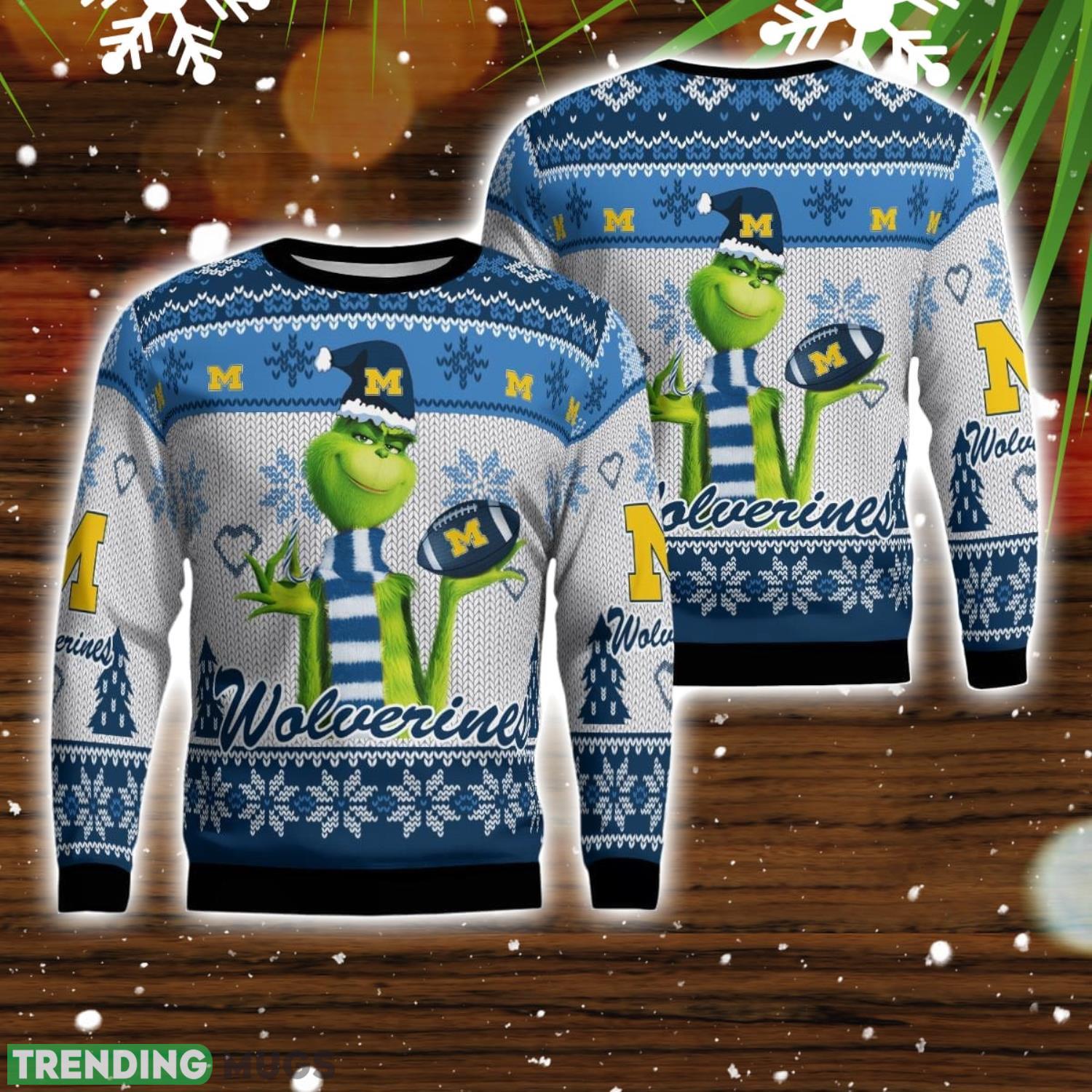 Michigan Wolverines Grinch Snowflake Pattern Ugly Sweater Christmas Product Photo 1 Michigan Wolverines Grinch Snowflake Pattern Ugly Sweater Christmas Product Photo 1