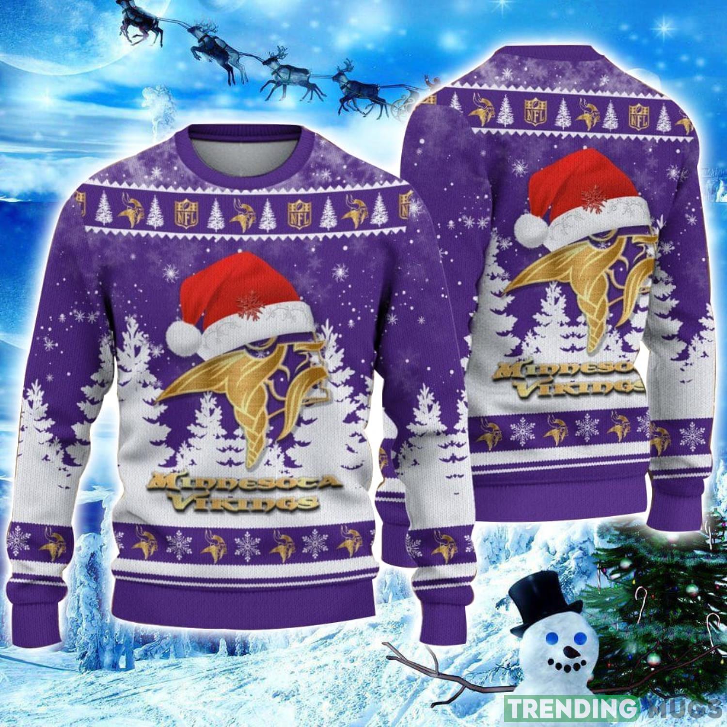 Minnesota Vikings Logo Wearing Santa Hat Christmas Gift Ugly Christmas Sweater Christmas Gift Ideas Product Photo 1 Minnesota Vikings Logo Wearing Santa Hat Christmas Gift Ugly Christmas Sweater Christmas Gift Ideas Product Photo 1
