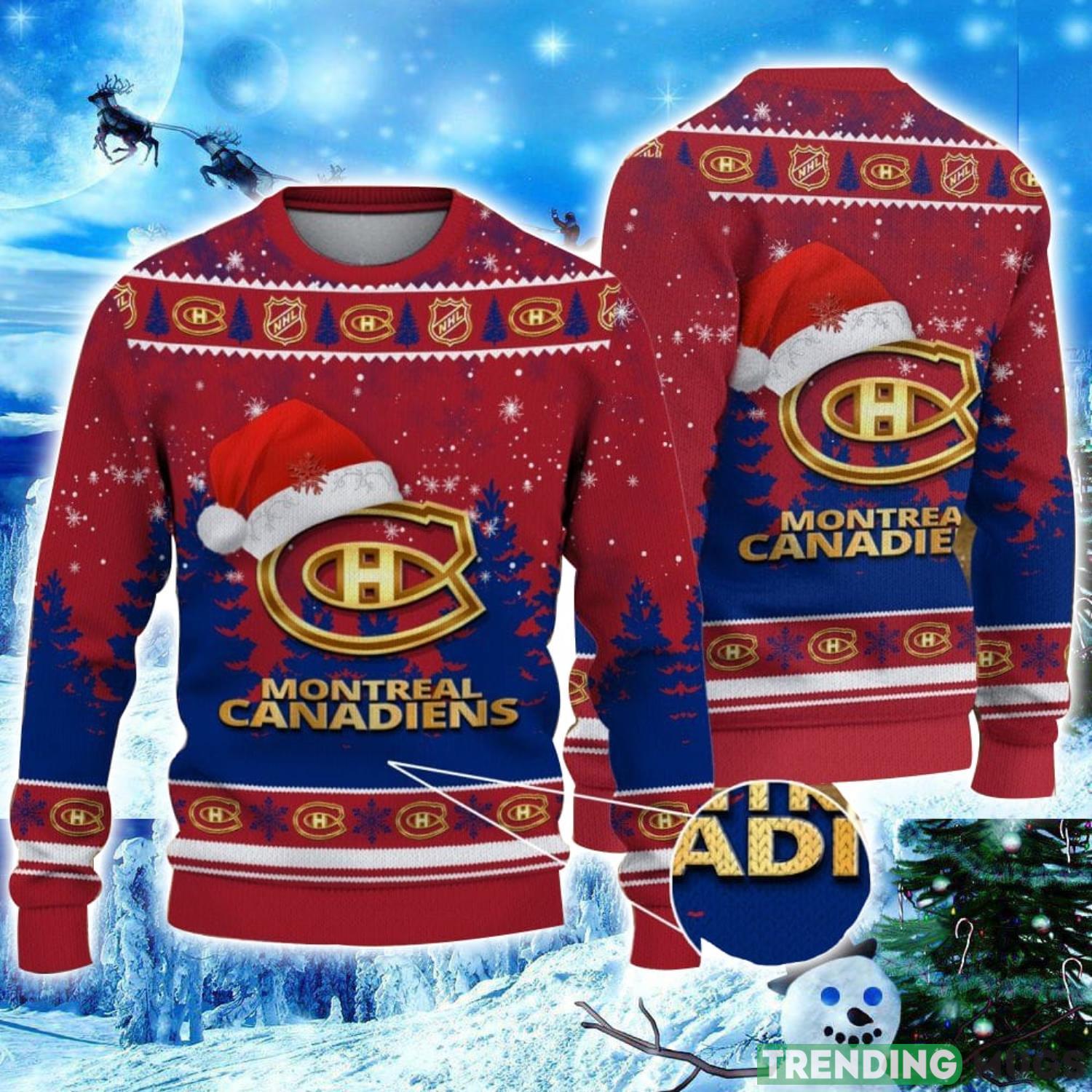 Montreal Canadiens Logo Wearing Santa Hat Christmas Gift Ugly Christmas Sweater Christmas Gift Ideas Product Photo 1 Montreal Canadiens Logo Wearing Santa Hat Christmas Gift Ugly Christmas Sweater Christmas Gift Ideas Product Photo 1