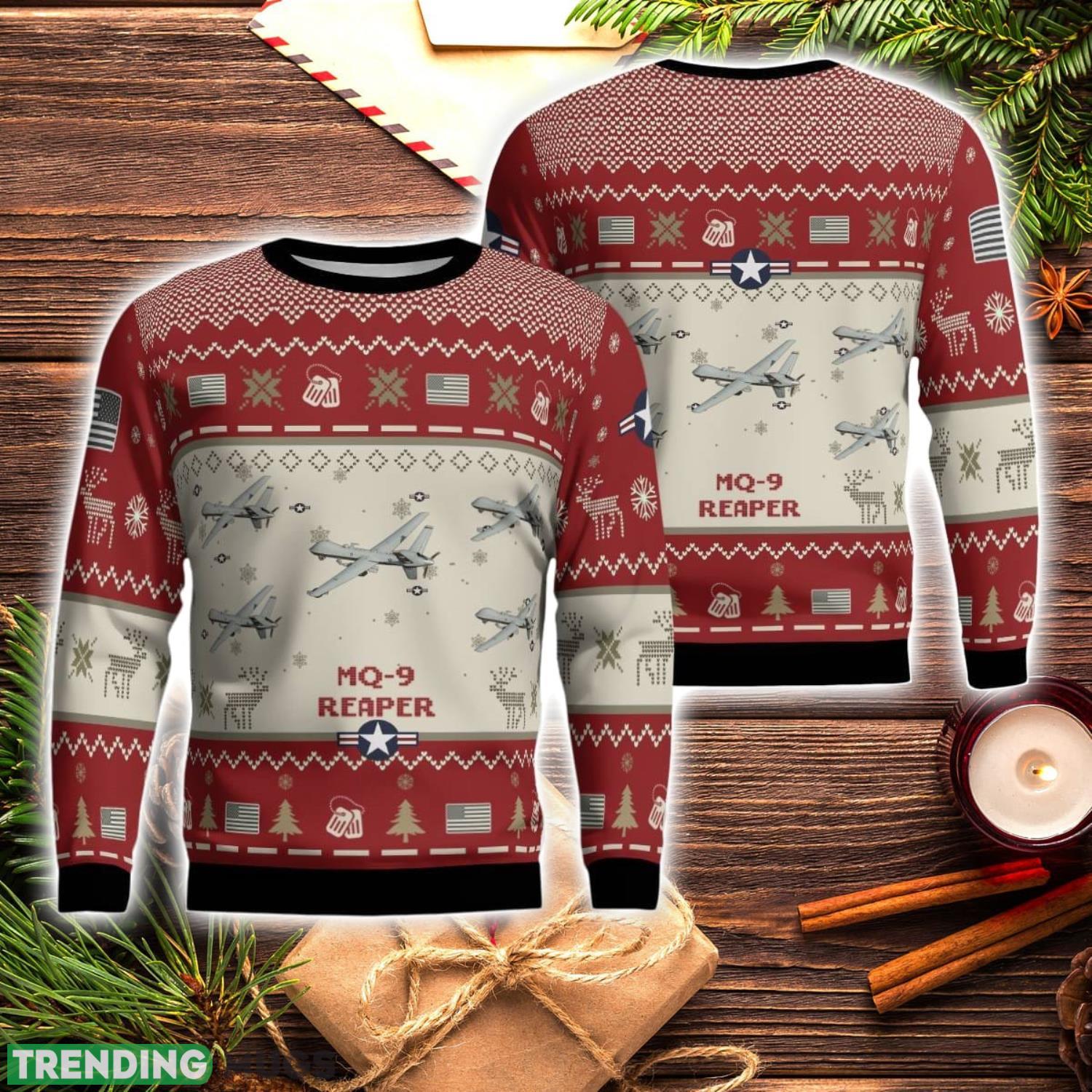 MQ-9 Reaper MQ9 Aircraft Red Ugly Christmas Sweater Christmas Gift Veteran USA Air Force 3D Sweater Product Photo 1 MQ-9 Reaper MQ9 Aircraft Red Ugly Christmas Sweater Christmas Gift Veteran USA Air Force 3D Sweater Product Photo 1