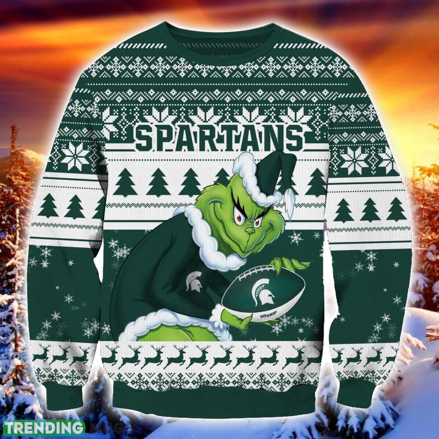 NCAA Michigan State Spartans Grinch Ugly Christmas Sweater Trending Sweater For 2023 Christmas Holidays Product Photo 1 NCAA Michigan State Spartans Grinch Ugly Christmas Sweater Trending Sweater For 2023 Christmas Holidays Product Photo 1
