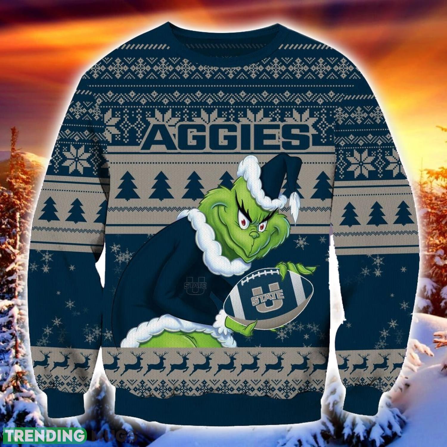NCAA Utah State Aggies Grinch Ugly Christmas Sweater Trending Sweater For 2023 Christmas Holidays Product Photo 1 NCAA Utah State Aggies Grinch Ugly Christmas Sweater Trending Sweater For 2023 Christmas Holidays Product Photo 1