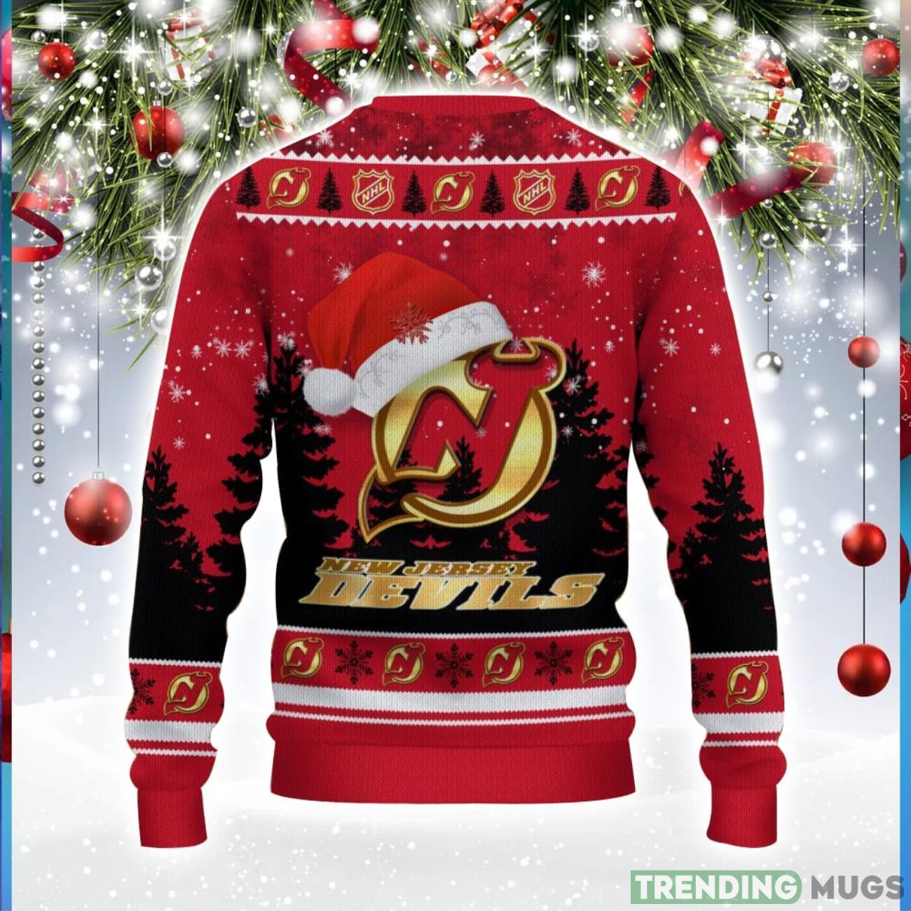 New Jersey Devils Logo Wearing Santa Hat Trending Christmas Gift AOP Ugly Christmas Sweater Men Women Winter Gift 3D Sweater New Jersey Devils Logo Wearing Santa Hat Trending Christmas Gift AOP Ugly Christmas Sweater Men Women Winter Gift 3D Sweater