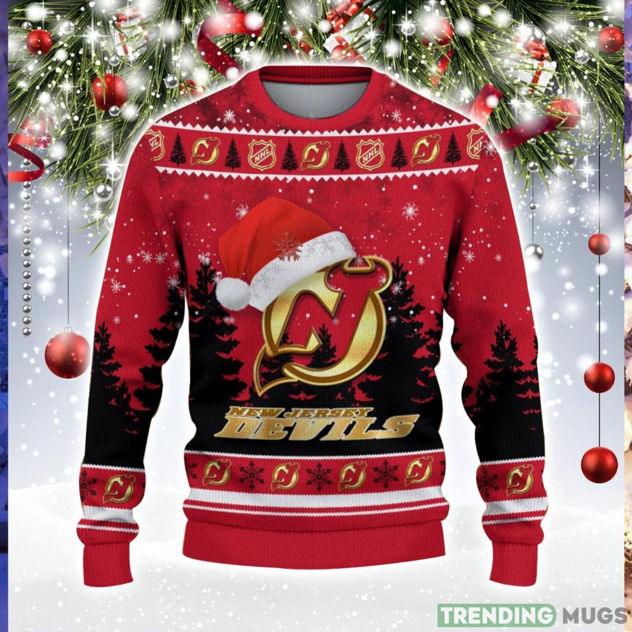 New Jersey Devils Logo Wearing Santa Hat Trending Christmas Gift AOP Ugly Christmas Sweater Men Women Winter Gift Product Photo 1 New Jersey Devils Logo Wearing Santa Hat Trending Christmas Gift AOP Ugly Christmas Sweater Men Women Winter Gift Product Photo 1
