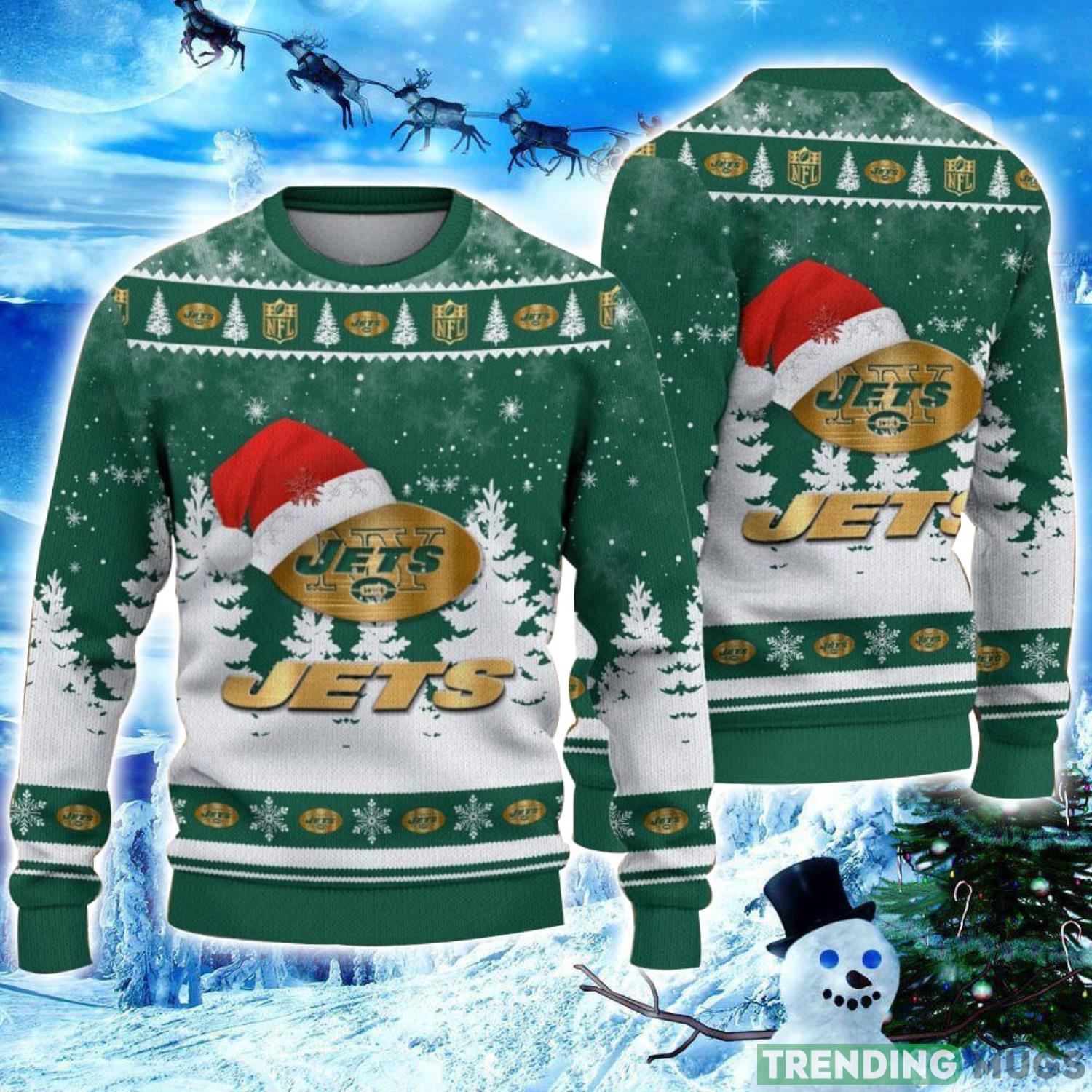 New York Jets Logo Wearing Santa Hat Christmas Gift Ugly Christmas Sweater Christmas Gift Ideas Product Photo 1 New York Jets Logo Wearing Santa Hat Christmas Gift Ugly Christmas Sweater Christmas Gift Ideas Product Photo 1