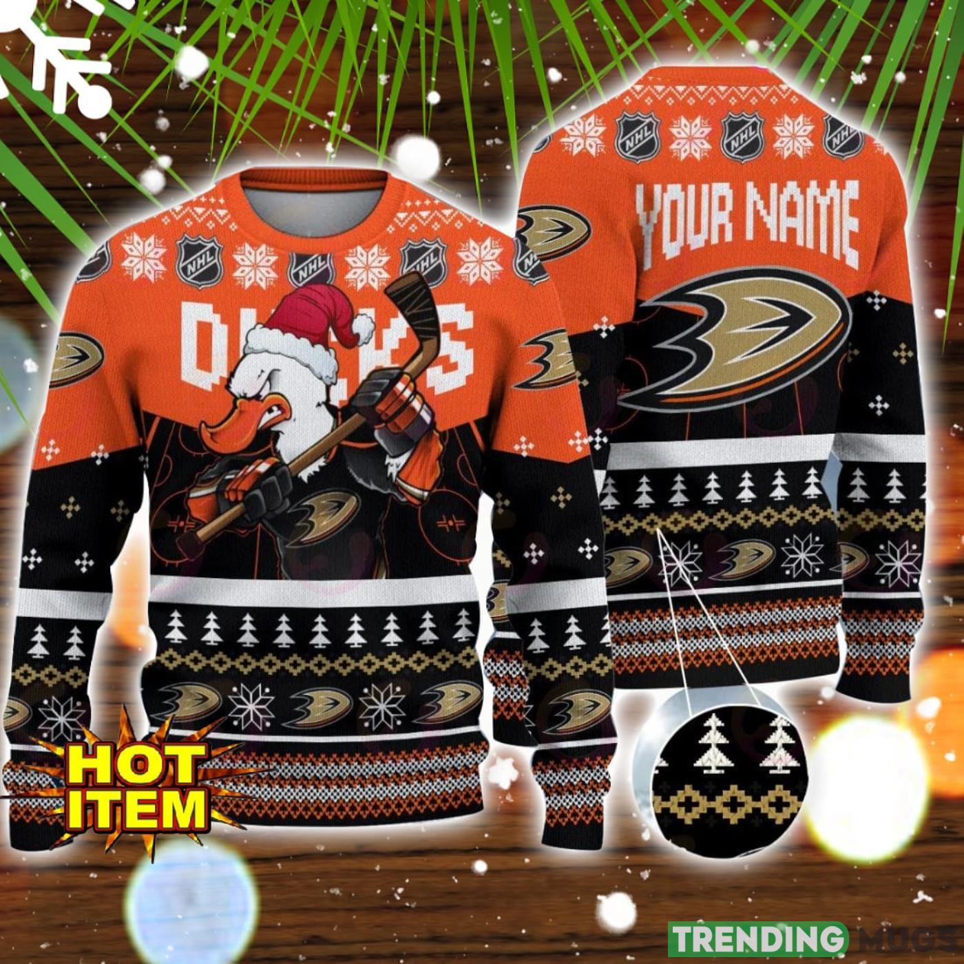 NHL Anaheim Ducks Angry Mascot Design Ugly Christmas Sweater Christmas Gift For Sport Fans Custom Name Product Photo 1 NHL Anaheim Ducks Angry Mascot Design Ugly Christmas Sweater Christmas Gift For Sport Fans Custom Name Product Photo 1