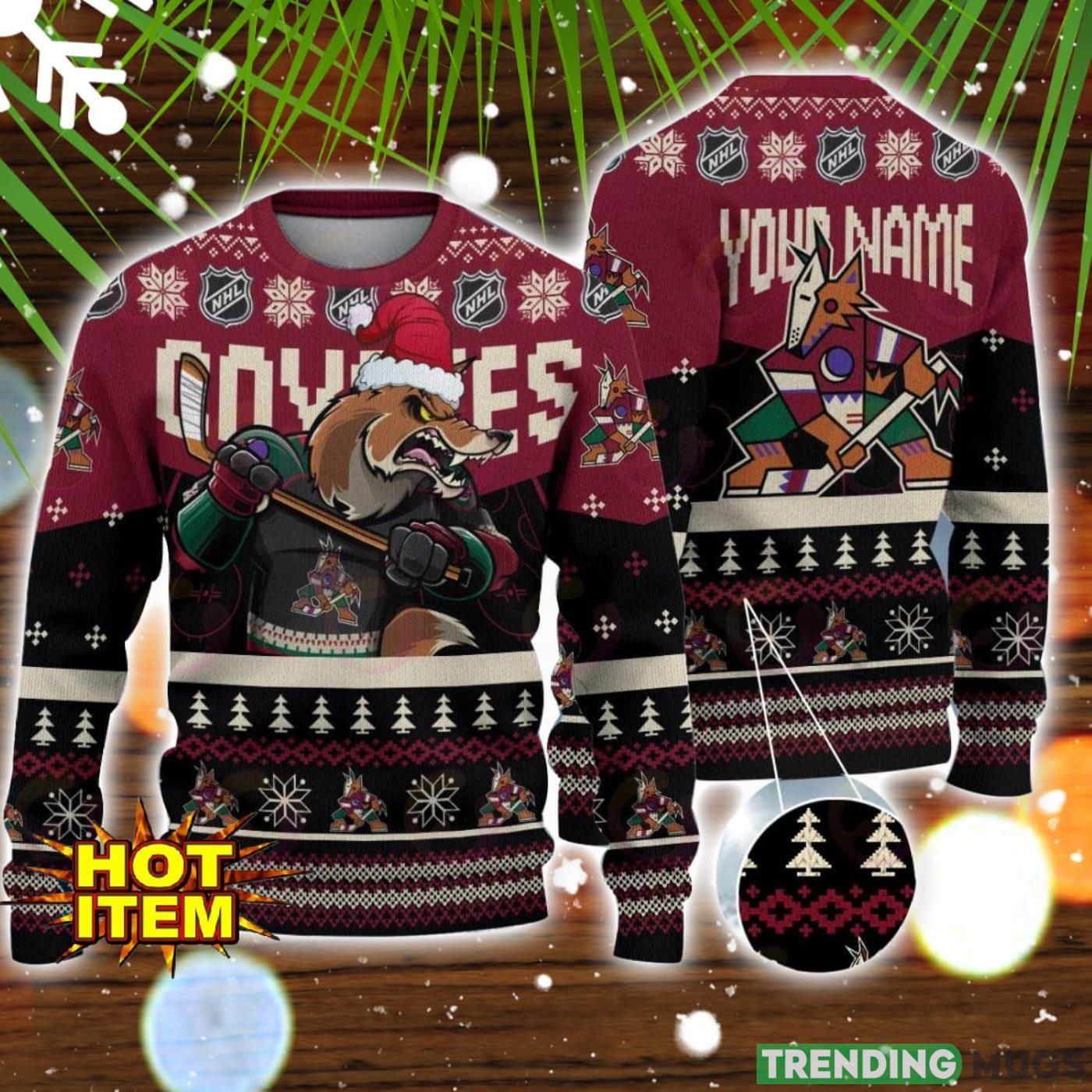 NHL Arizona Coyotes Angry Mascot Design Ugly Christmas Sweater Christmas Gift For Sport Fans Custom Name Product Photo 1 NHL Arizona Coyotes Angry Mascot Design Ugly Christmas Sweater Christmas Gift For Sport Fans Custom Name Product Photo 1
