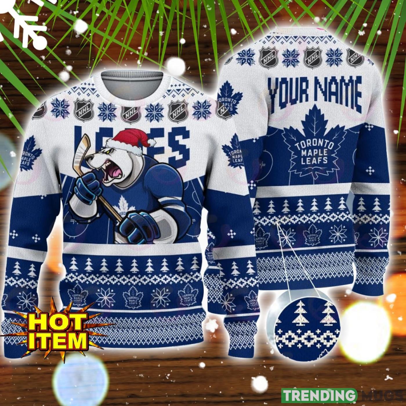 NHL Toronto Maple Leafs Angry Mascot Design Ugly Christmas Sweater Christmas Gift For Sport Fans Custom Name Product Photo 1 NHL Toronto Maple Leafs Angry Mascot Design Ugly Christmas Sweater Christmas Gift For Sport Fans Custom Name Product Photo 1