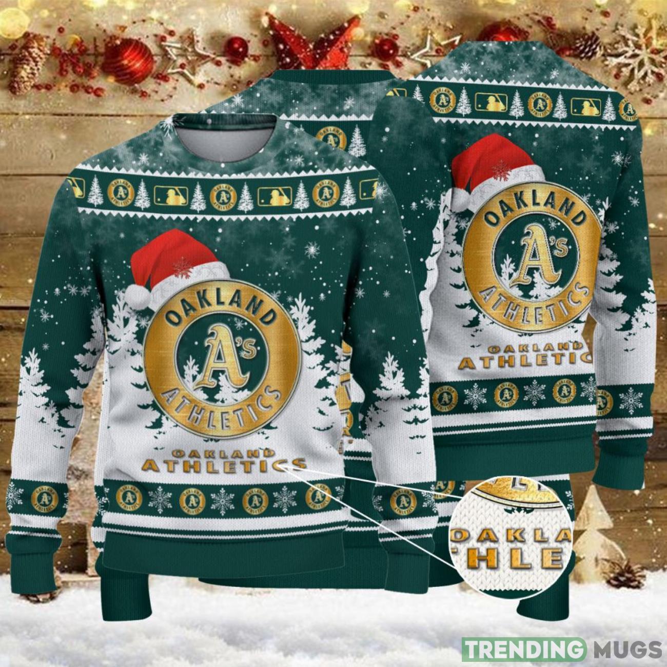 Oakland Athletics Logo Wearing Santa Hat Trending Christmas Gift AOP Ugly Christmas Sweater Men Women Winter Gift 3D Sweater Oakland Athletics Logo Wearing Santa Hat Trending Christmas Gift AOP Ugly Christmas Sweater Men Women Winter Gift 3D Sweater