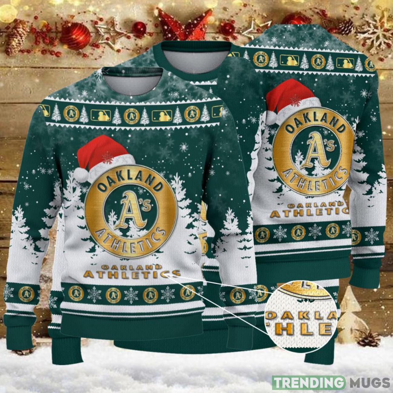 Oakland Athletics Logo Wearing Santa Hat Trending Christmas Gift AOP Ugly Christmas Sweater Men Women Winter Gift Product Photo 1 Oakland Athletics Logo Wearing Santa Hat Trending Christmas Gift AOP Ugly Christmas Sweater Men Women Winter Gift Product Photo 1