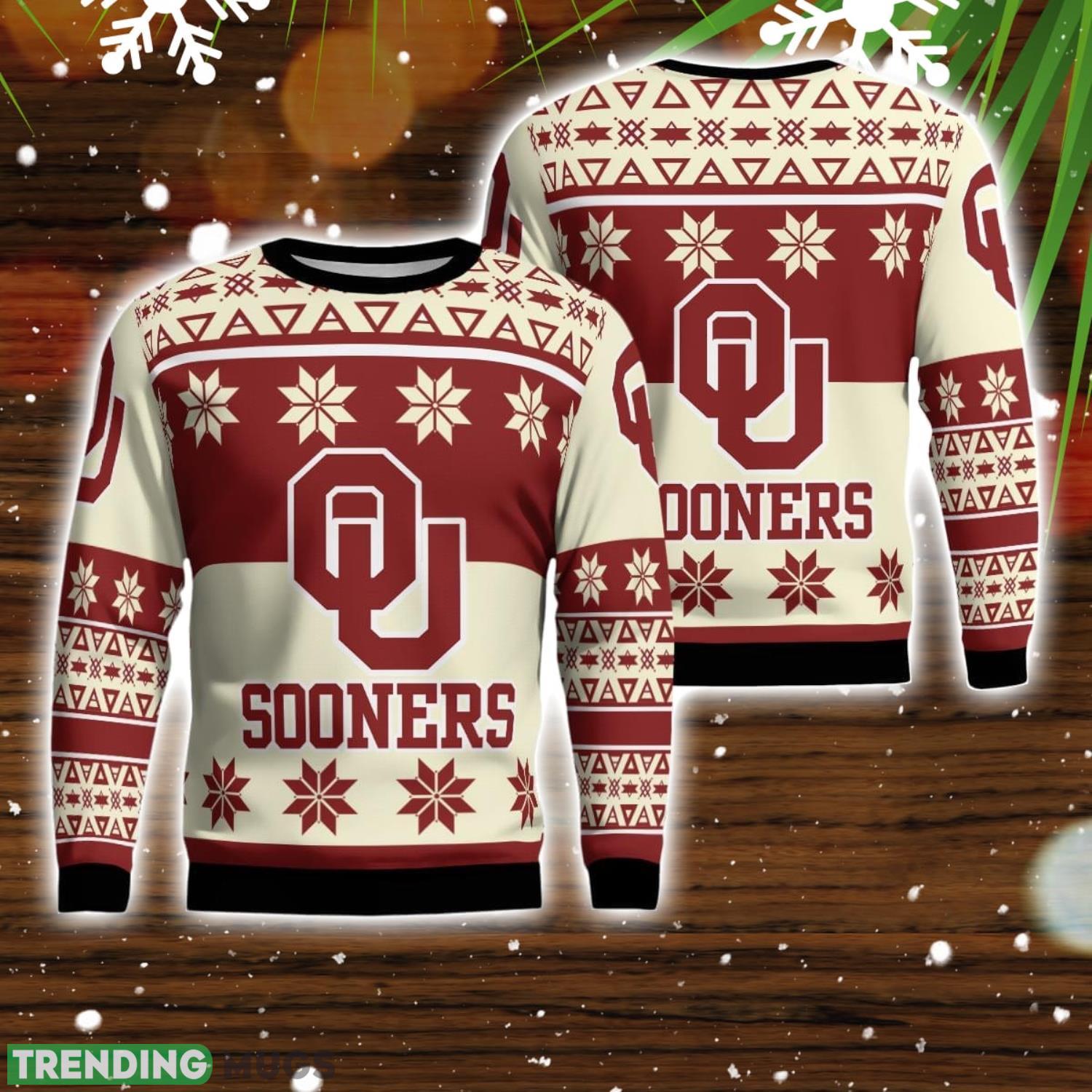Oklahoma Sooners Logo Big Snowflake Pattern Ugly Christmas Sweater Product Photo 1 Oklahoma Sooners Logo Big Snowflake Pattern Ugly Christmas Sweater Product Photo 1