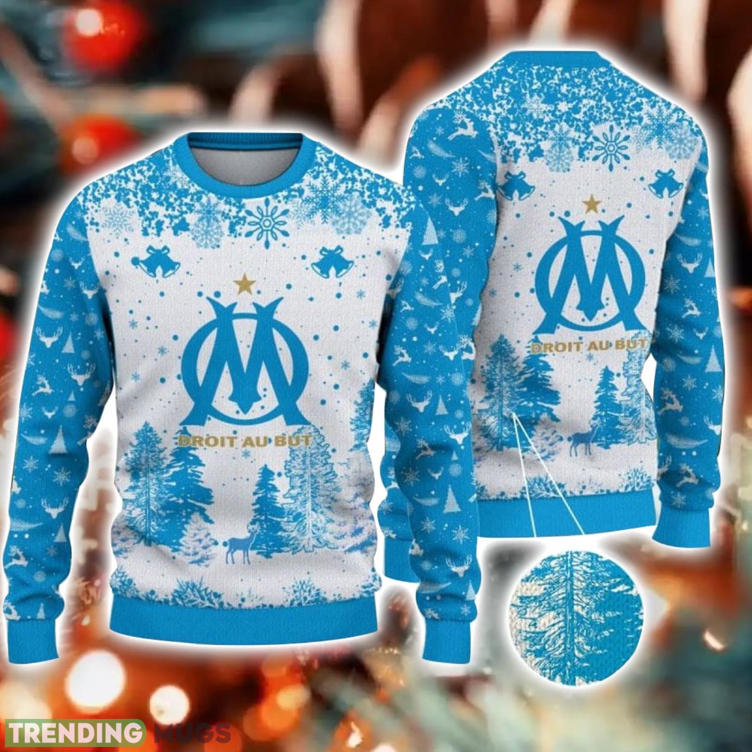 Olympique de Marseille Big Logo Pine Trees Big Fans Gift Christmas Sweater For Men And Women Product Photo 1 Olympique de Marseille Big Logo Pine Trees Big Fans Gift Christmas Sweater For Men And Women Product Photo 1