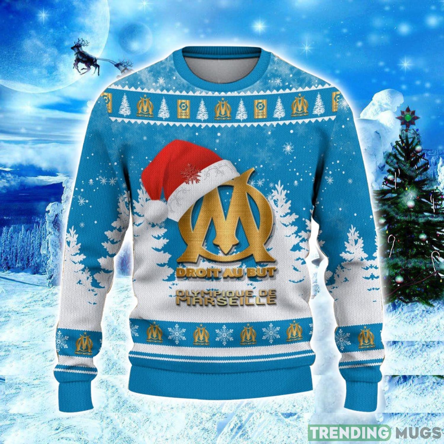 Olympique de Marseille Logo Wearing Santa Hat Ugly Christmas Sweater Unisex 3D Christmas sweater 3D Sweater Olympique de Marseille Logo Wearing Santa Hat Ugly Christmas Sweater Unisex 3D Christmas sweater 3D Sweater