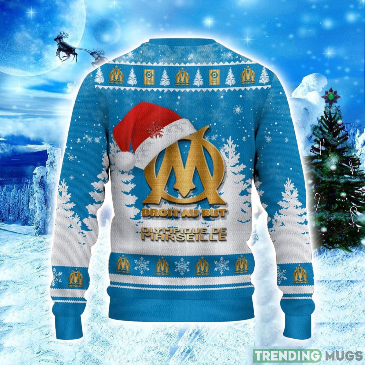 Olympique de Marseille Logo Wearing Santa Hat Ugly Christmas Sweater Unisex 3D Christmas sweater 3D Sweater Olympique de Marseille Logo Wearing Santa Hat Ugly Christmas Sweater Unisex 3D Christmas sweater 3D Sweater