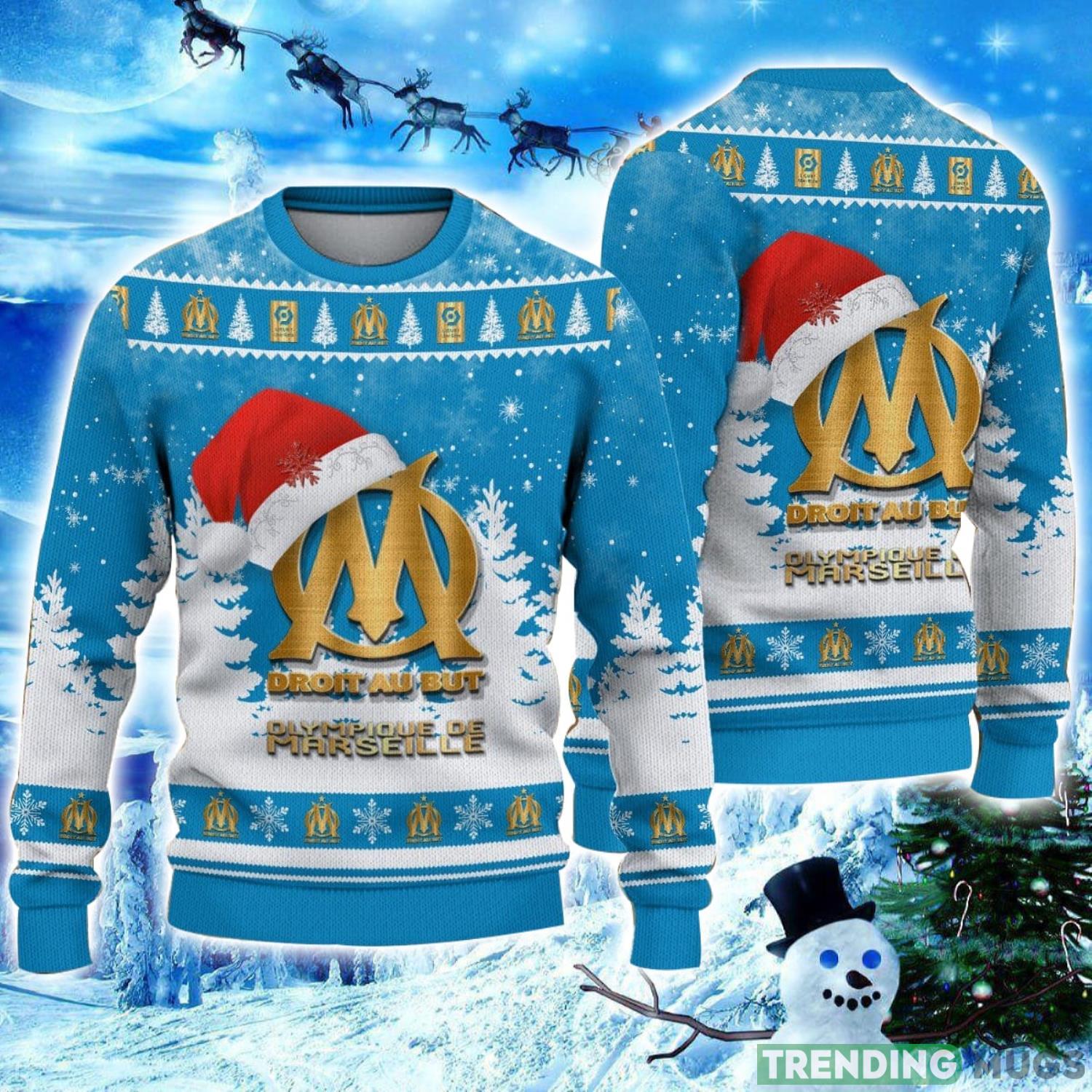 Olympique de Marseille Logo Wearing Santa Hat Ugly Christmas Sweater Unisex 3D Christmas sweater Product Photo 1 Olympique de Marseille Logo Wearing Santa Hat Ugly Christmas Sweater Unisex 3D Christmas sweater Product Photo 1