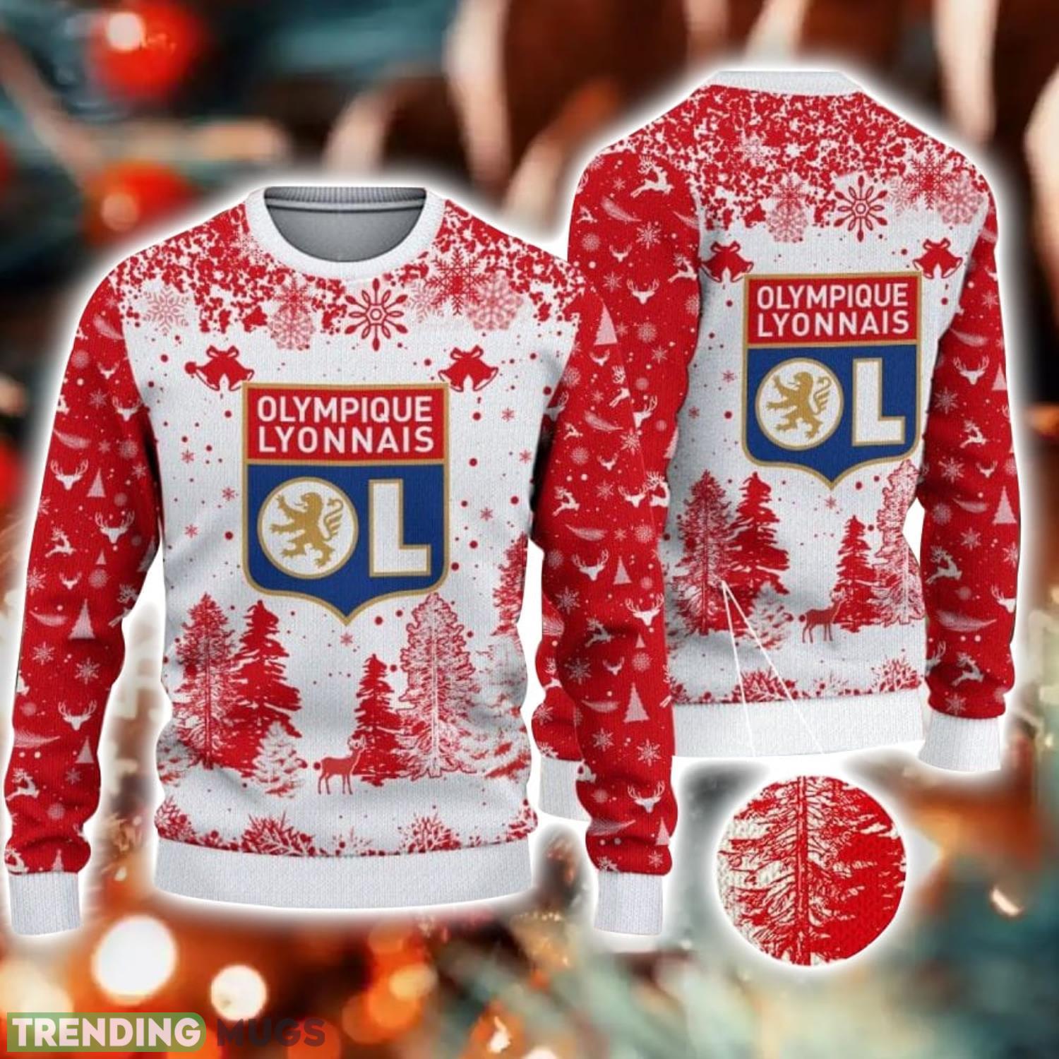 Olympique Lyonnais Big Logo Pine Trees Big Fans Gift Christmas Sweater For Men And Women Product Photo 1 Olympique Lyonnais Big Logo Pine Trees Big Fans Gift Christmas Sweater For Men And Women Product Photo 1