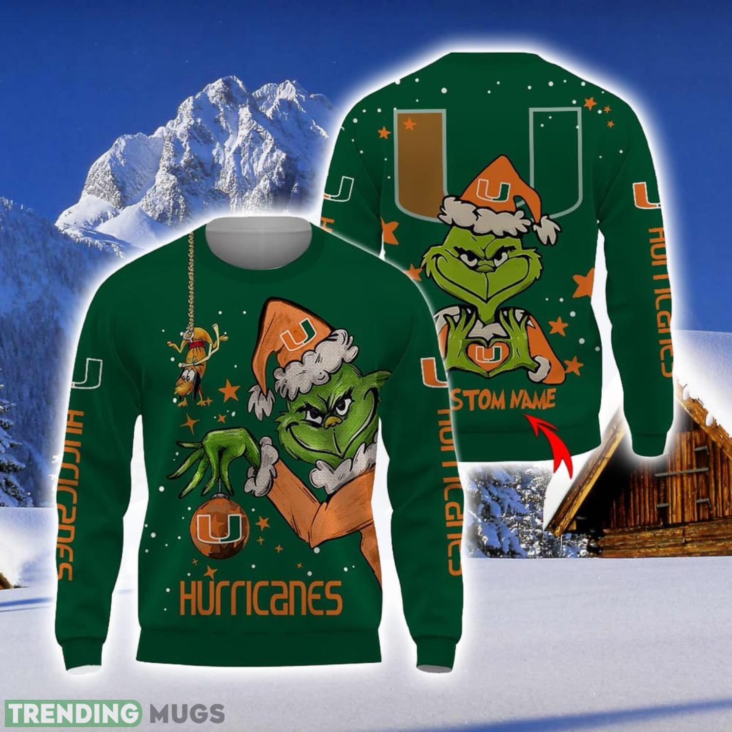 Personalized Name NCAA Miami Hurricanes Football Fans Sweater Grinch Ugly Sweater Christmas Xmas Gift Product Photo 1