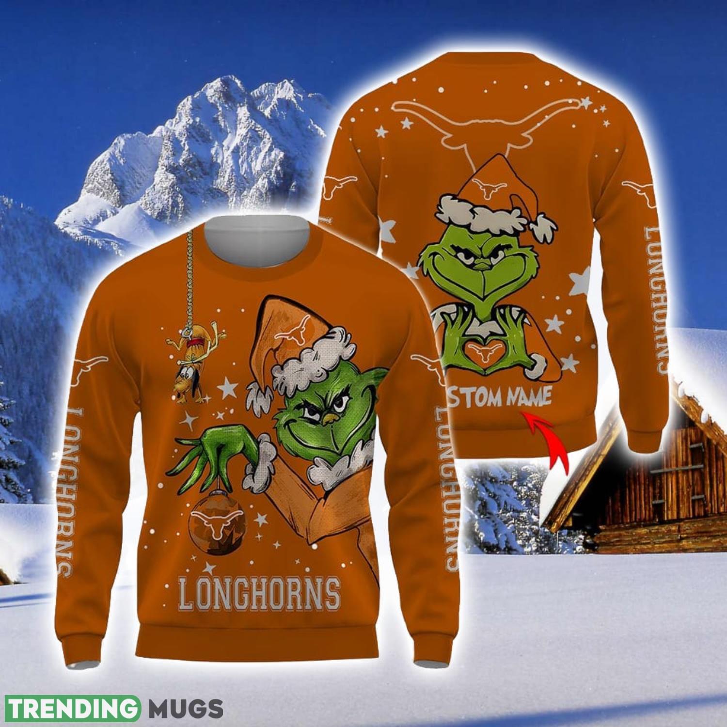 Personalized Name NCAA Texas Longhorns Football Fans Sweater Grinch Ugly Sweater Christmas Xmas Gift Product Photo 1 Personalized Name NCAA Texas Longhorns Football Fans Sweater Grinch Ugly Sweater Christmas Xmas Gift Product Photo 1
