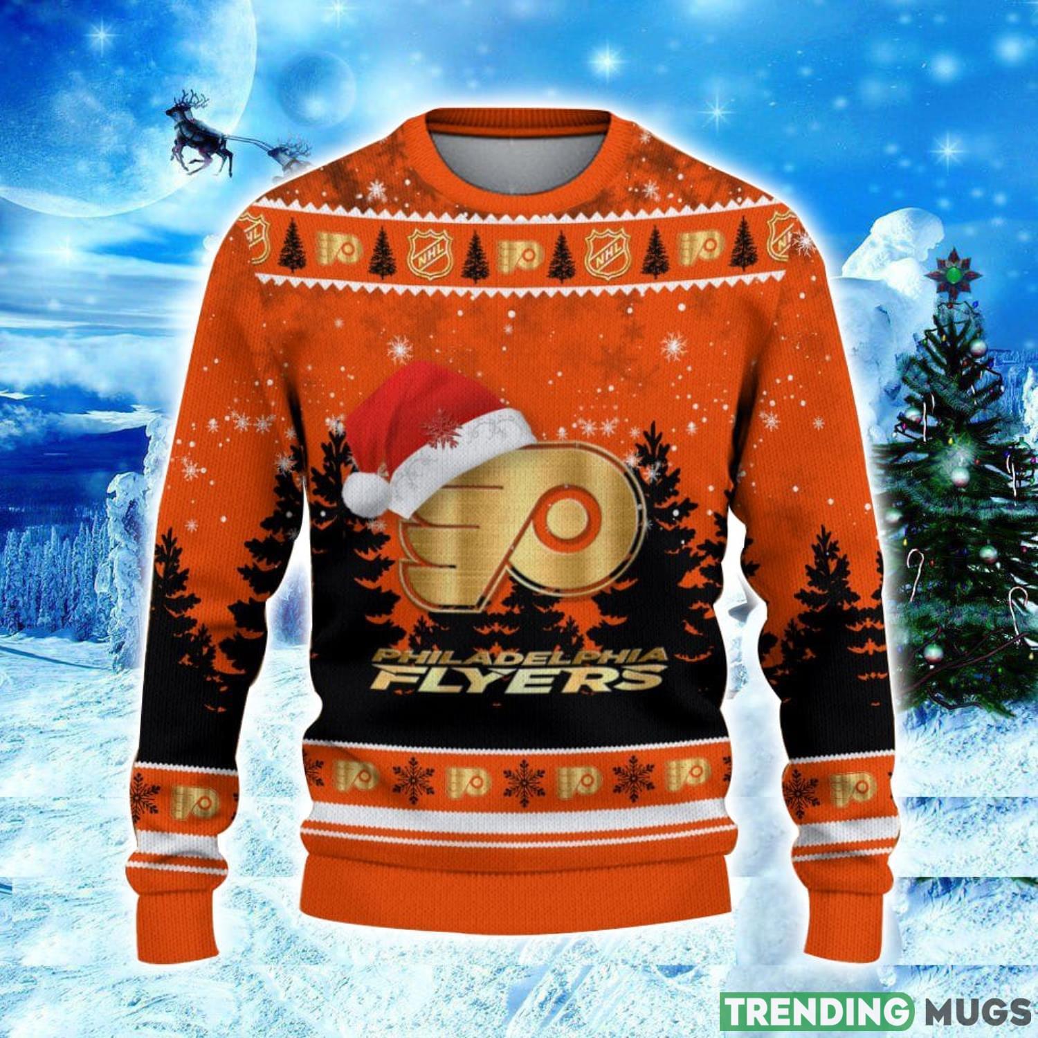 Philadelphia Flyers Logo Wearing Santa Hat Christmas Gift Ugly Christmas Sweater Christmas Gift Ideas 3D Sweater Philadelphia Flyers Logo Wearing Santa Hat Christmas Gift Ugly Christmas Sweater Christmas Gift Ideas 3D Sweater