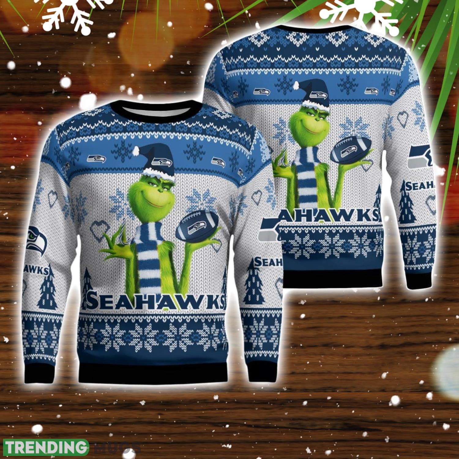 Seattle Seahawks Grinch Snowflake Pattern Ugly Sweater Christmas Product Photo 1 Seattle Seahawks Grinch Snowflake Pattern Ugly Sweater Christmas Product Photo 1