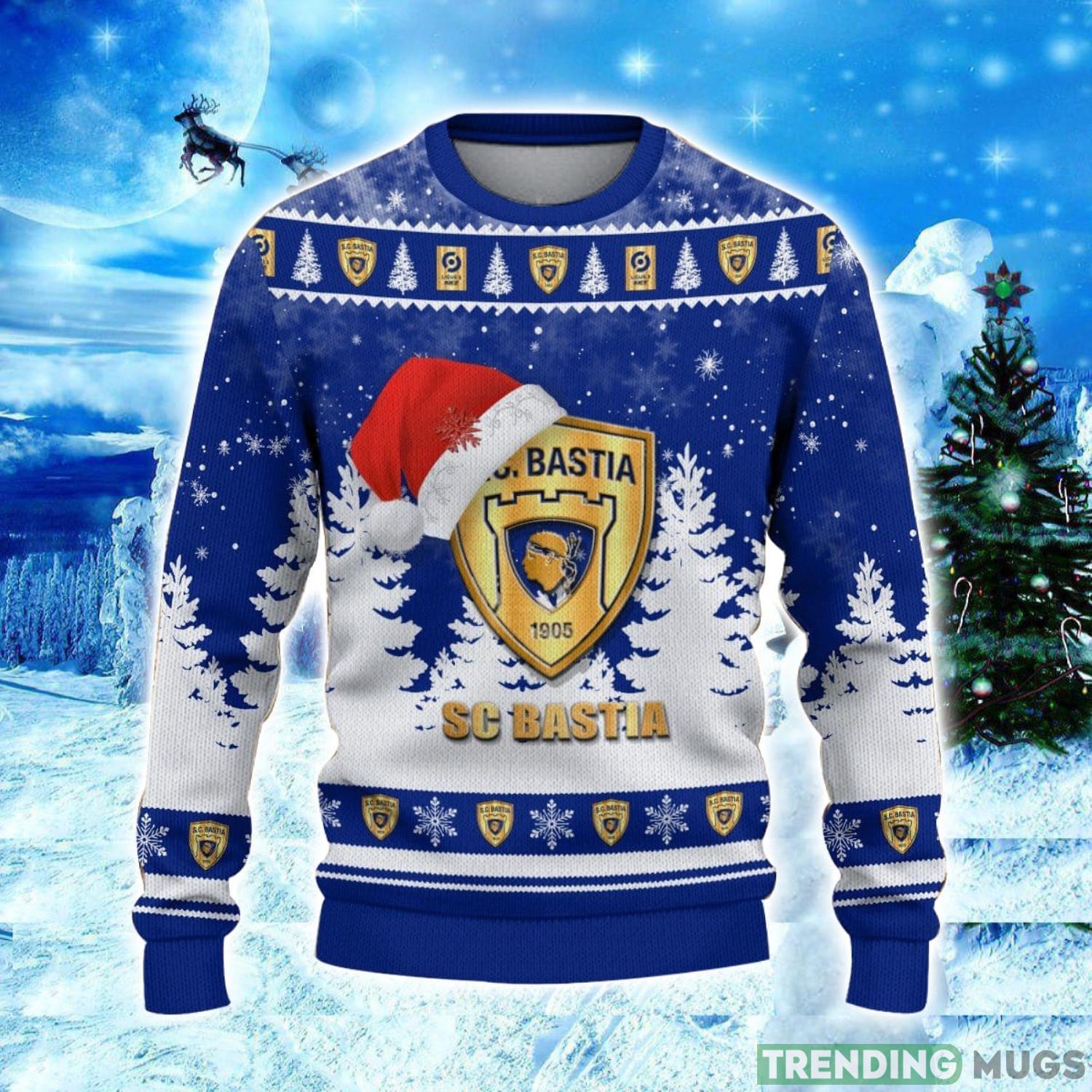 Sporting Club di Bastia Logo Wearing Santa Hat Ugly Christmas Sweater Unisex 3D Christmas sweater 3D Sweater Sporting Club di Bastia Logo Wearing Santa Hat Ugly Christmas Sweater Unisex 3D Christmas sweater 3D Sweater