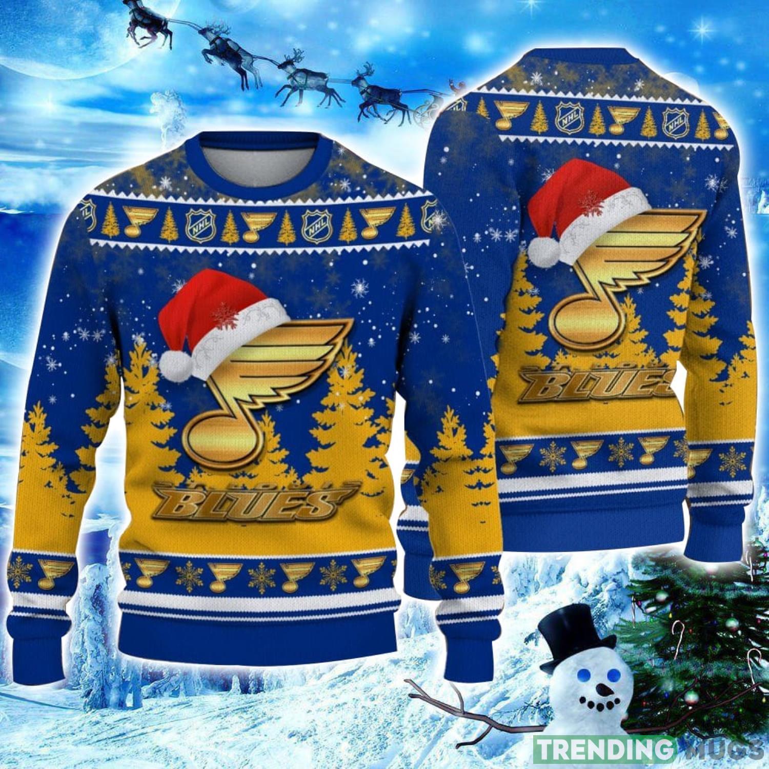 St Louis Blues Logo Wearing Santa Hat Christmas Gift Ugly Christmas Sweater Christmas Gift Ideas Product Photo 1 St Louis Blues Logo Wearing Santa Hat Christmas Gift Ugly Christmas Sweater Christmas Gift Ideas Product Photo 1