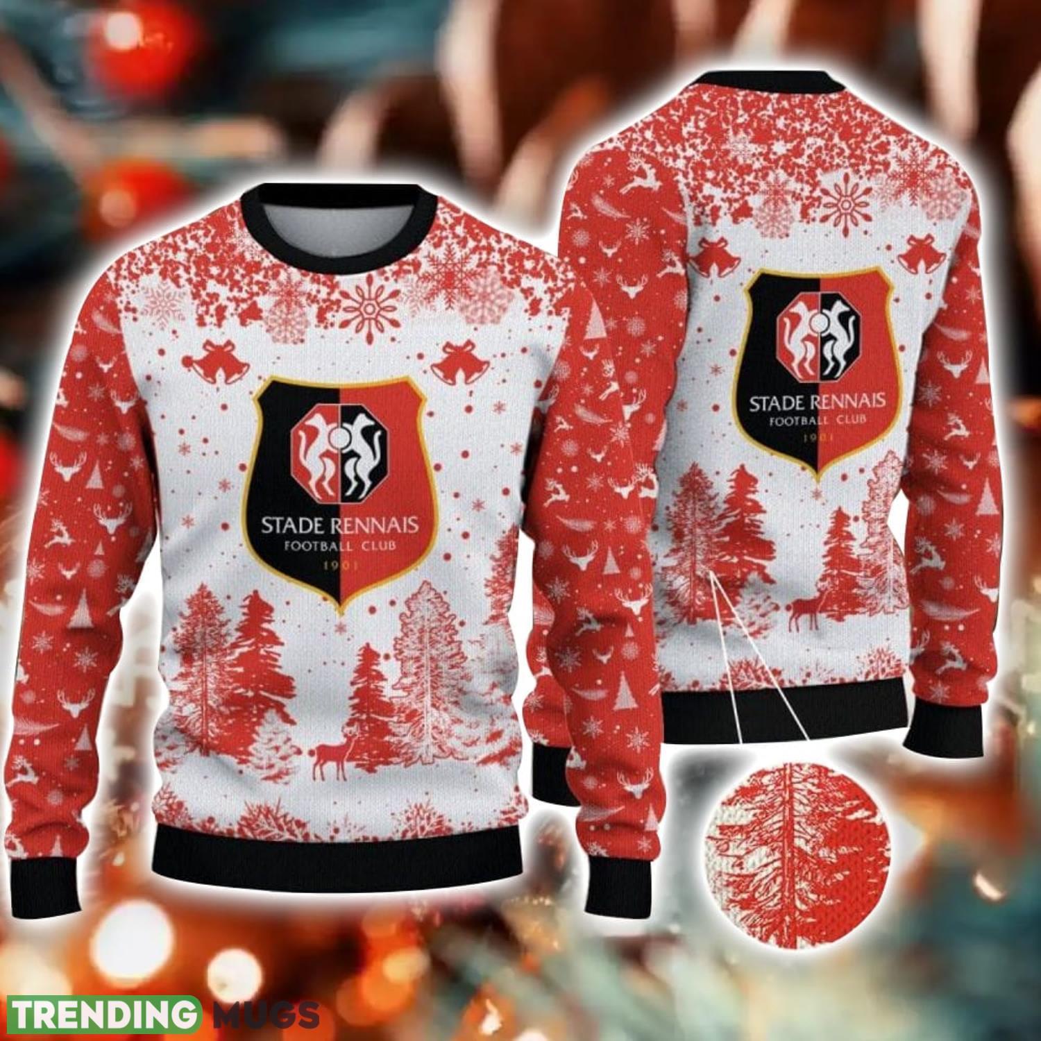 Stade Rennais Big Logo Pine Trees Big Fans Gift Christmas Sweater For Men And Women Product Photo 1 Stade Rennais Big Logo Pine Trees Big Fans Gift Christmas Sweater For Men And Women Product Photo 1