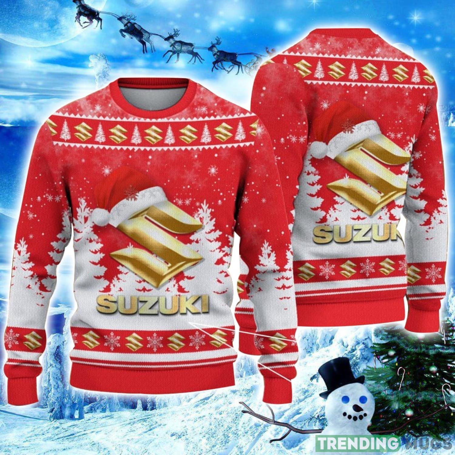 Suzuki Logo Wearing Santa Hat Christmas Gift Ugly Christmas Sweater Christmas Gift Ideas Product Photo 1 Suzuki Logo Wearing Santa Hat Christmas Gift Ugly Christmas Sweater Christmas Gift Ideas Product Photo 1