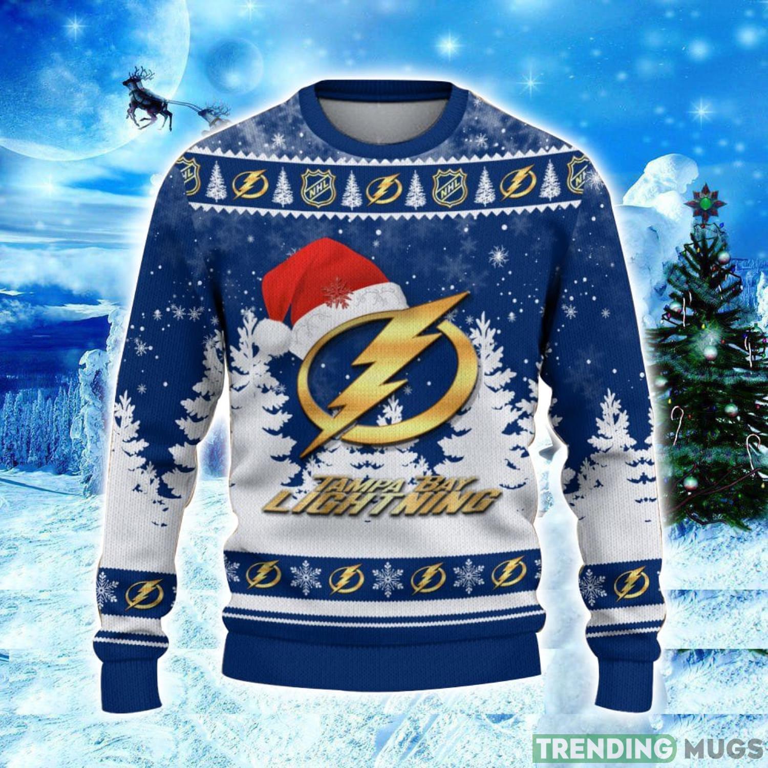 Tampa Bay Lightning Logo Wearing Santa Hat Christmas Gift Ugly Christmas Sweater Christmas Gift Ideas 3D Sweater Tampa Bay Lightning Logo Wearing Santa Hat Christmas Gift Ugly Christmas Sweater Christmas Gift Ideas 3D Sweater