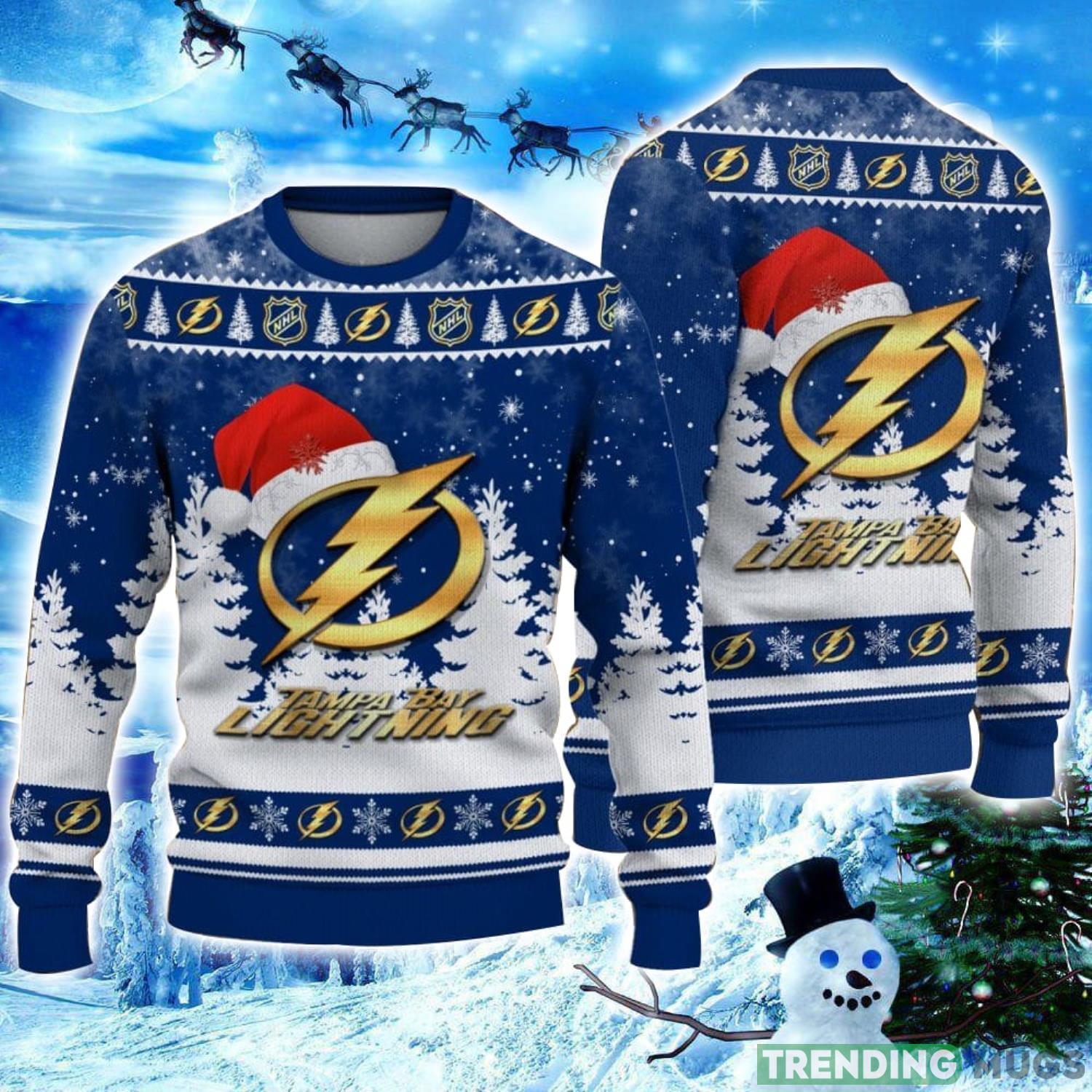 Tampa Bay Lightning Logo Wearing Santa Hat Christmas Gift Ugly Christmas Sweater Christmas Gift Ideas Product Photo 1 Tampa Bay Lightning Logo Wearing Santa Hat Christmas Gift Ugly Christmas Sweater Christmas Gift Ideas Product Photo 1