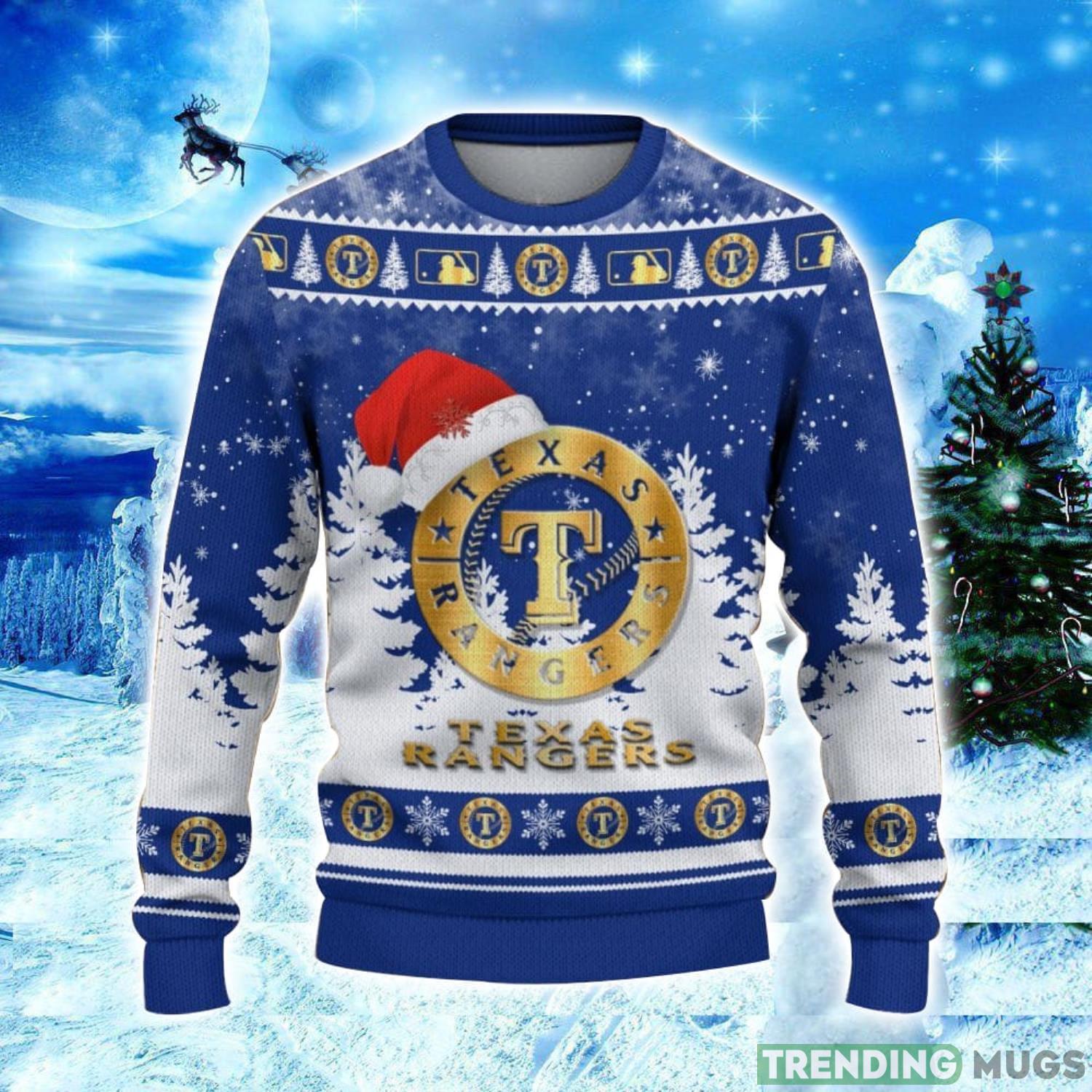 Texas Rangers Logo Wearing Santa Hat Christmas Gift Ugly Christmas Sweater Christmas Gift Ideas 3D Sweater Texas Rangers Logo Wearing Santa Hat Christmas Gift Ugly Christmas Sweater Christmas Gift Ideas 3D Sweater