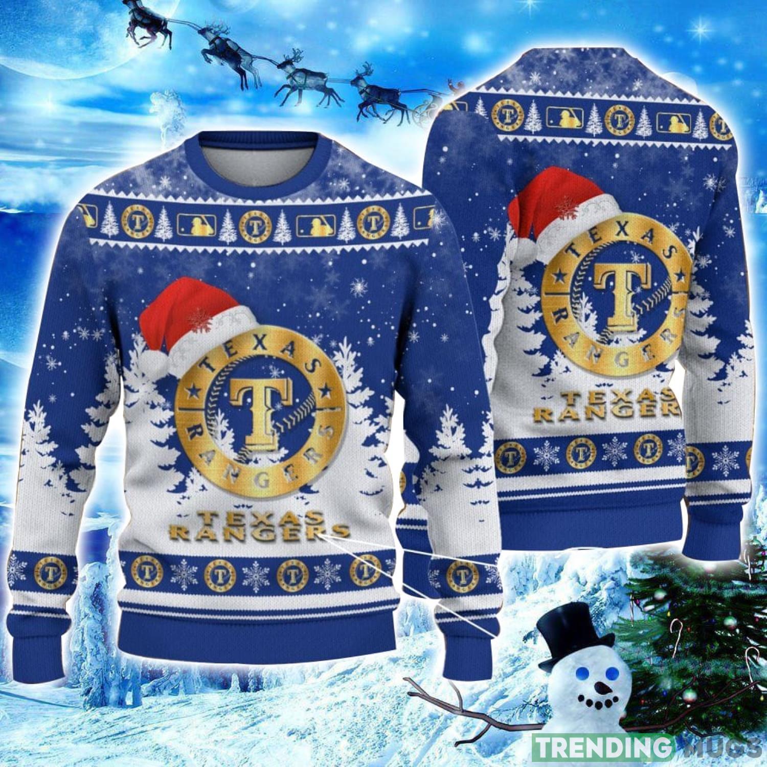 Texas Rangers Logo Wearing Santa Hat Christmas Gift Ugly Christmas Sweater Christmas Gift Ideas Product Photo 1 Texas Rangers Logo Wearing Santa Hat Christmas Gift Ugly Christmas Sweater Christmas Gift Ideas Product Photo 1