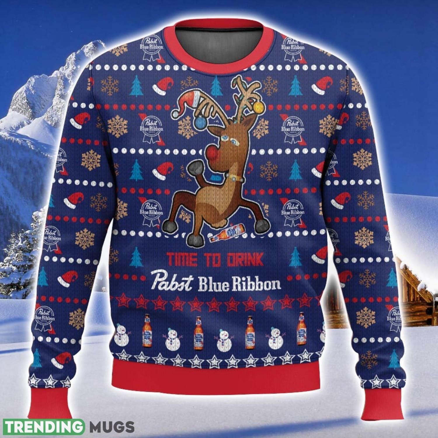 Time To Drink Pabst Blue Ribbon All Over Printed Ugly Christmas Sweater Trending Christmas Gift Ideas Product Photo 1 Time To Drink Pabst Blue Ribbon All Over Printed Ugly Christmas Sweater Trending Christmas Gift Ideas Product Photo 1