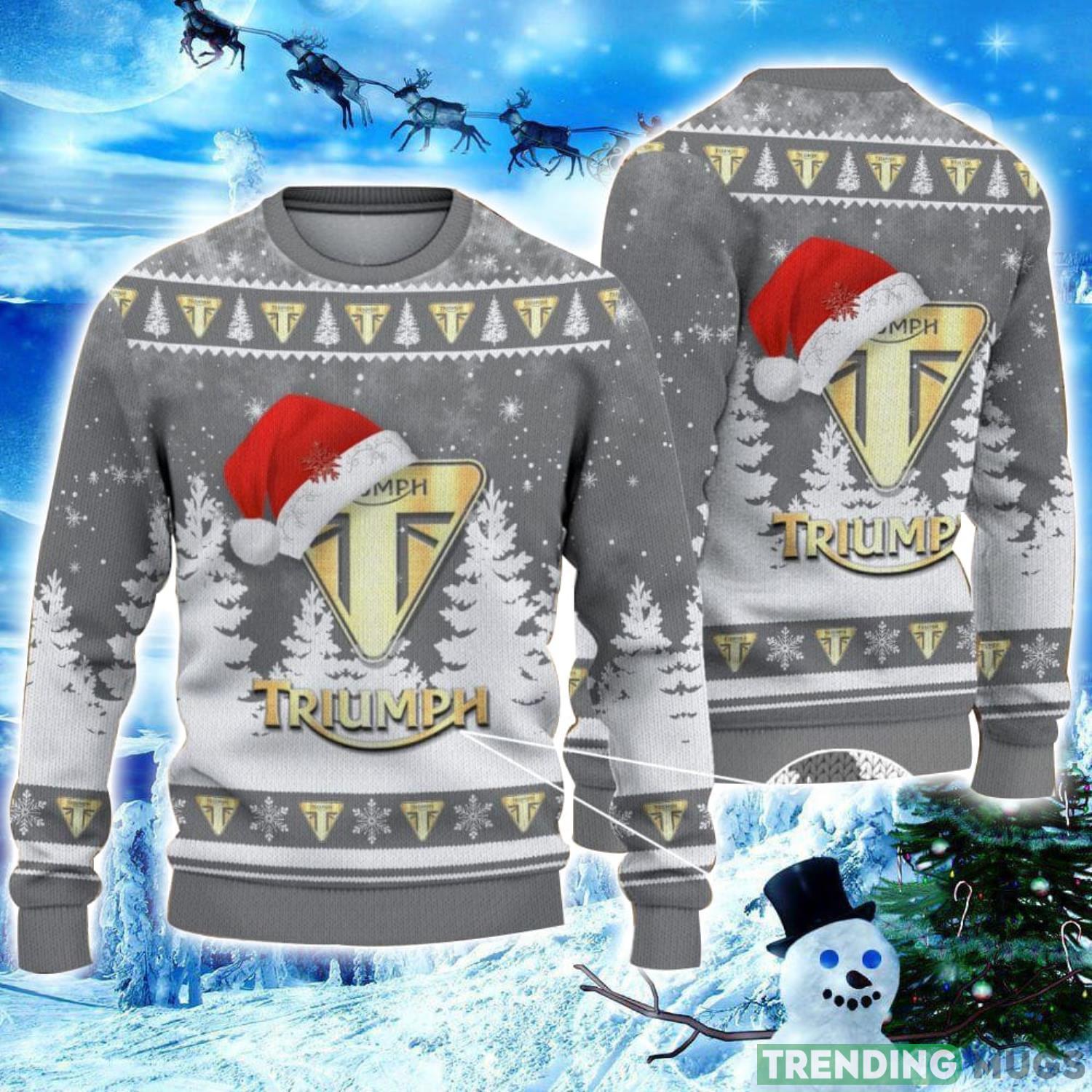 Triumph Motorcycles Logo Wearing Santa Hat Christmas Gift Ugly Christmas Sweater Christmas Gift Ideas Product Photo 1 Triumph Motorcycles Logo Wearing Santa Hat Christmas Gift Ugly Christmas Sweater Christmas Gift Ideas Product Photo 1