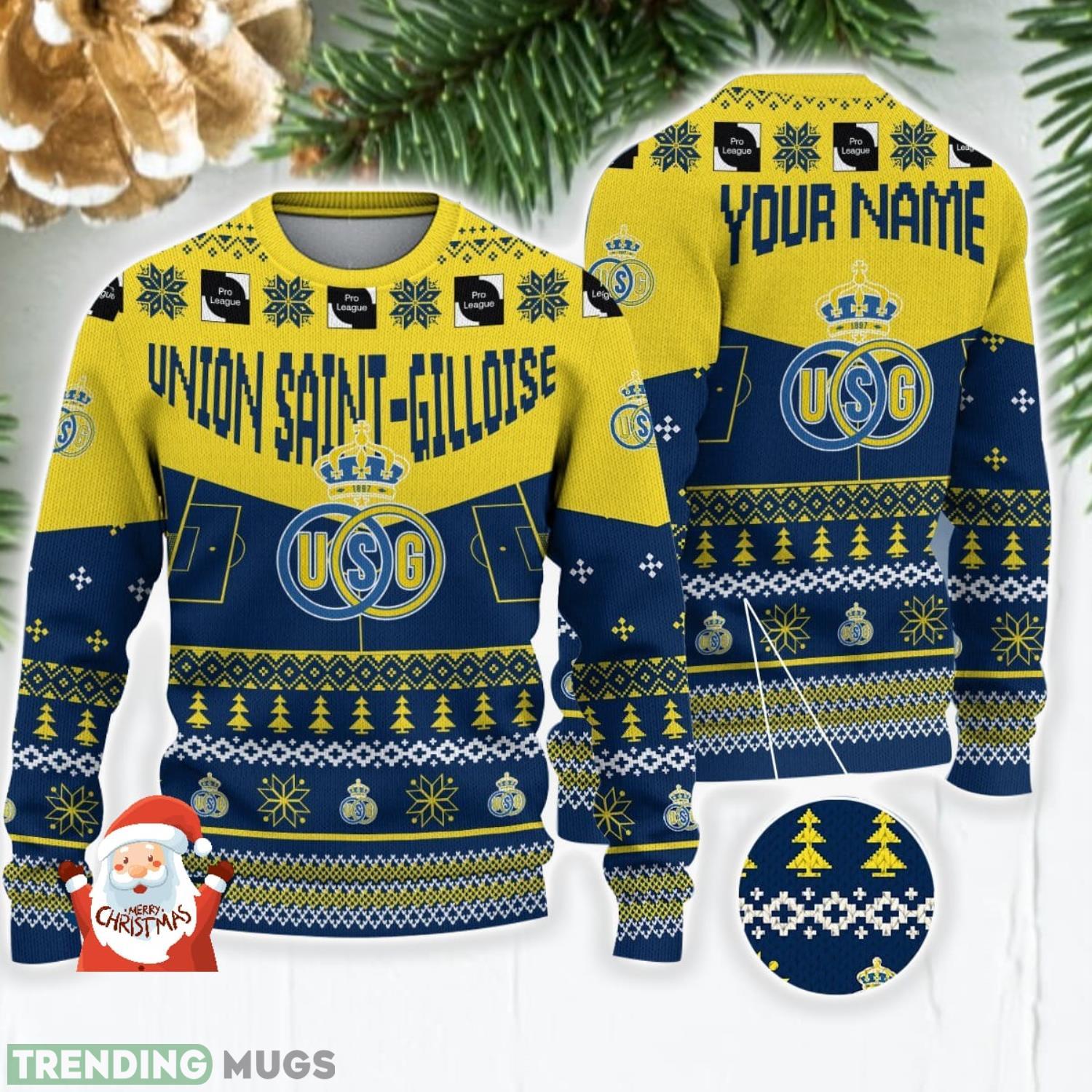 Union Saint-Gilloise 3D Ugly Christmas Sweater Christmas Holiday Gift Custom Name For Men And Women Product Photo 1 Union Saint-Gilloise 3D Ugly Christmas Sweater Christmas Holiday Gift Custom Name For Men And Women Product Photo 1