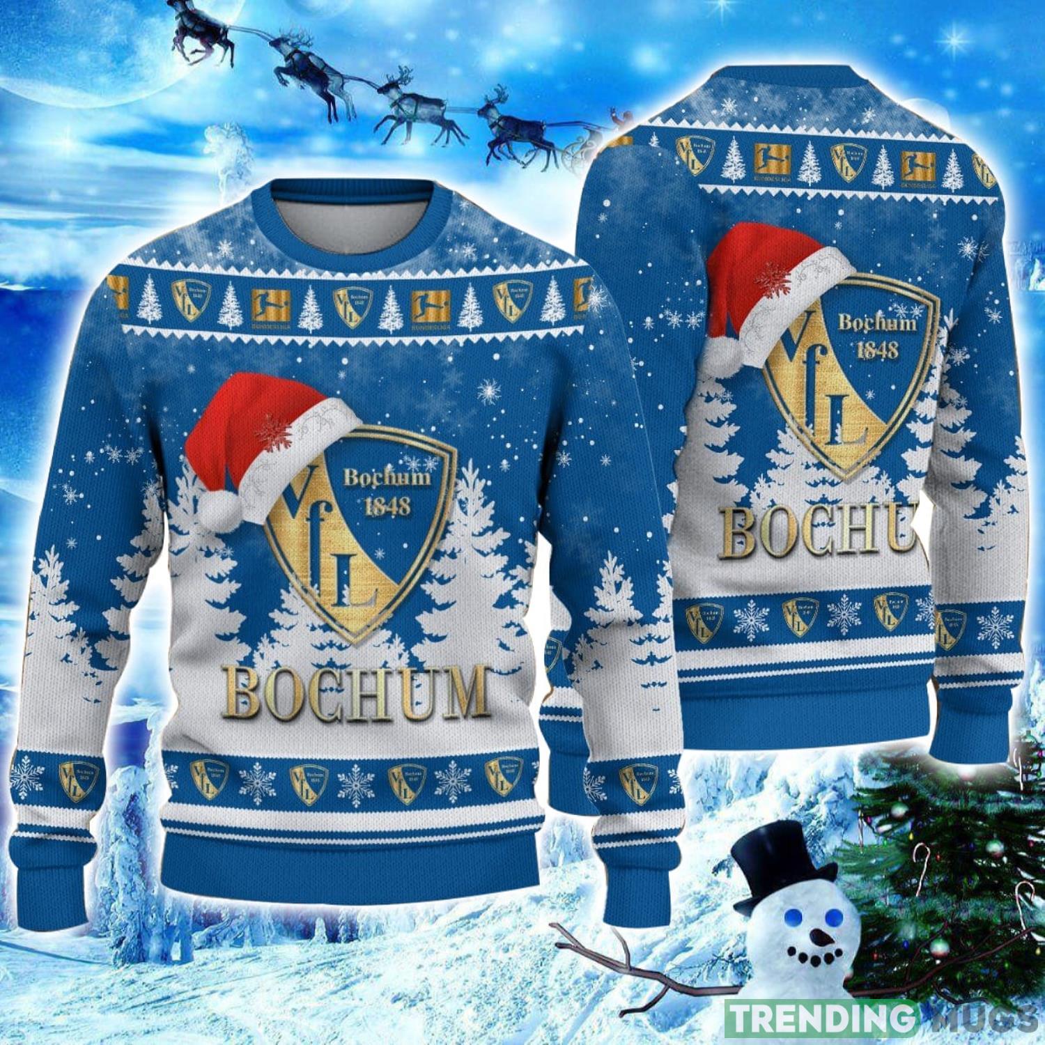 VfL Bochum Logo Wearing Santa Hat Ugly Christmas Sweater Unisex 3D Christmas sweater Product Photo 1 VfL Bochum Logo Wearing Santa Hat Ugly Christmas Sweater Unisex 3D Christmas sweater Product Photo 1