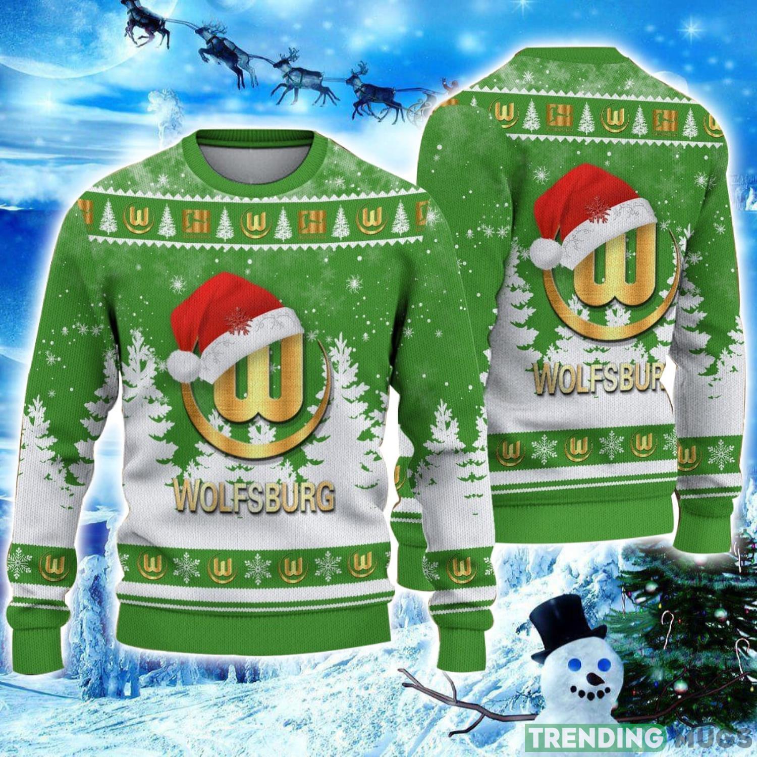 VfL Wolfsburg Logo Wearing Santa Hat Ugly Christmas Sweater Unisex 3D Christmas sweater Product Photo 1 VfL Wolfsburg Logo Wearing Santa Hat Ugly Christmas Sweater Unisex 3D Christmas sweater Product Photo 1