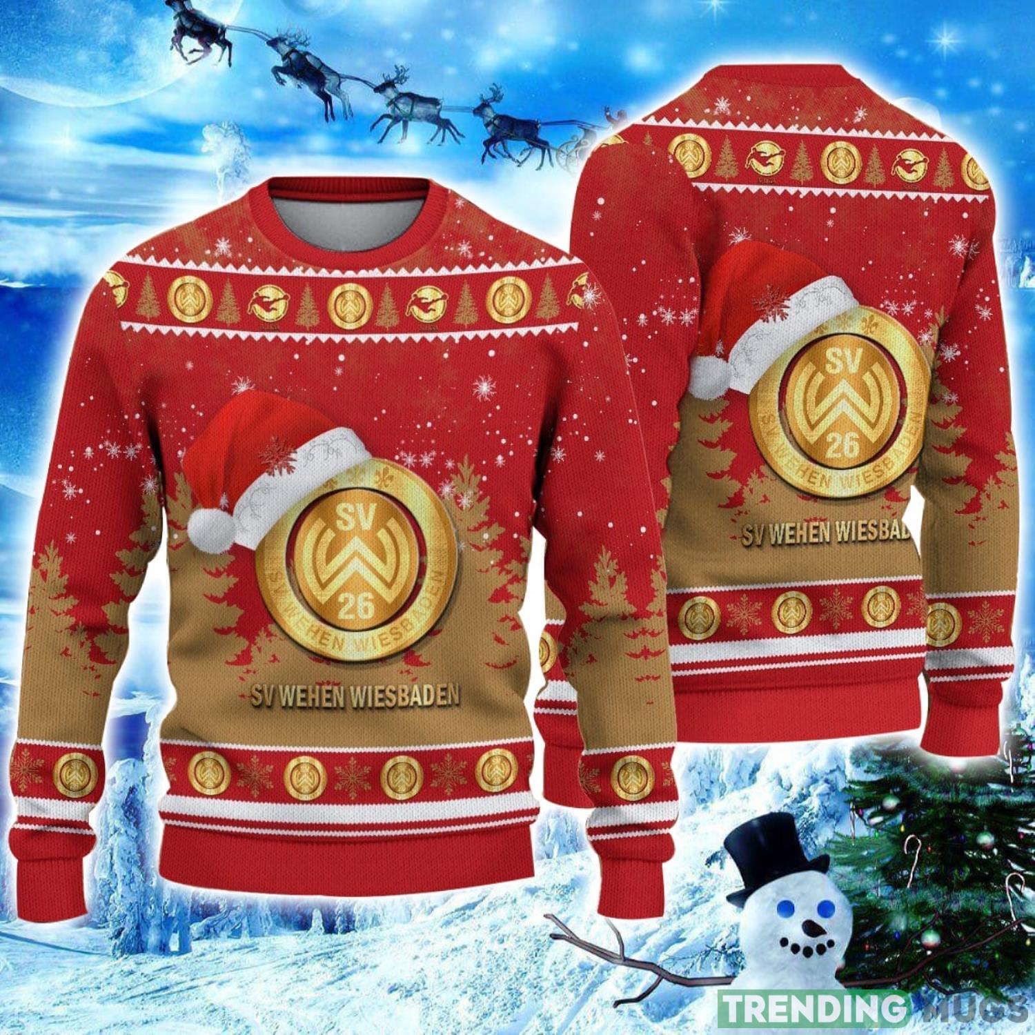 Wehen Wiesbaden Logo Wearing Santa Hat Ugly Christmas Sweater Unisex 3D Christmas sweater Product Photo 1 Wehen Wiesbaden Logo Wearing Santa Hat Ugly Christmas Sweater Unisex 3D Christmas sweater Product Photo 1