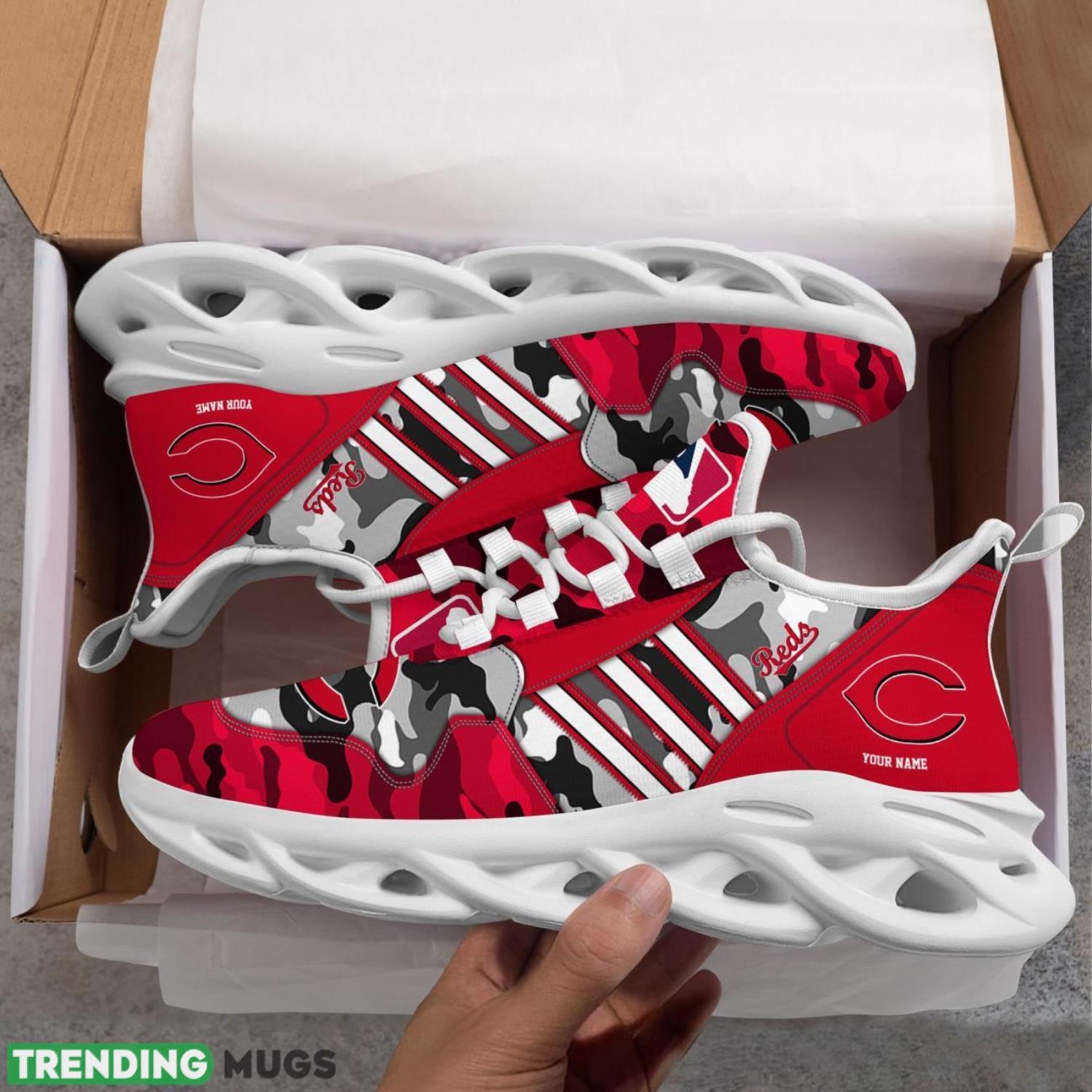 Custom Name Cincinnati Reds Personalized Sneakers Max Soul Shoes Camo Pattern And White Striped Shoes Max Soul Custom Name Cincinnati Reds Personalized Sneakers Max Soul Shoes Camo Pattern And White Striped Shoes Max Soul