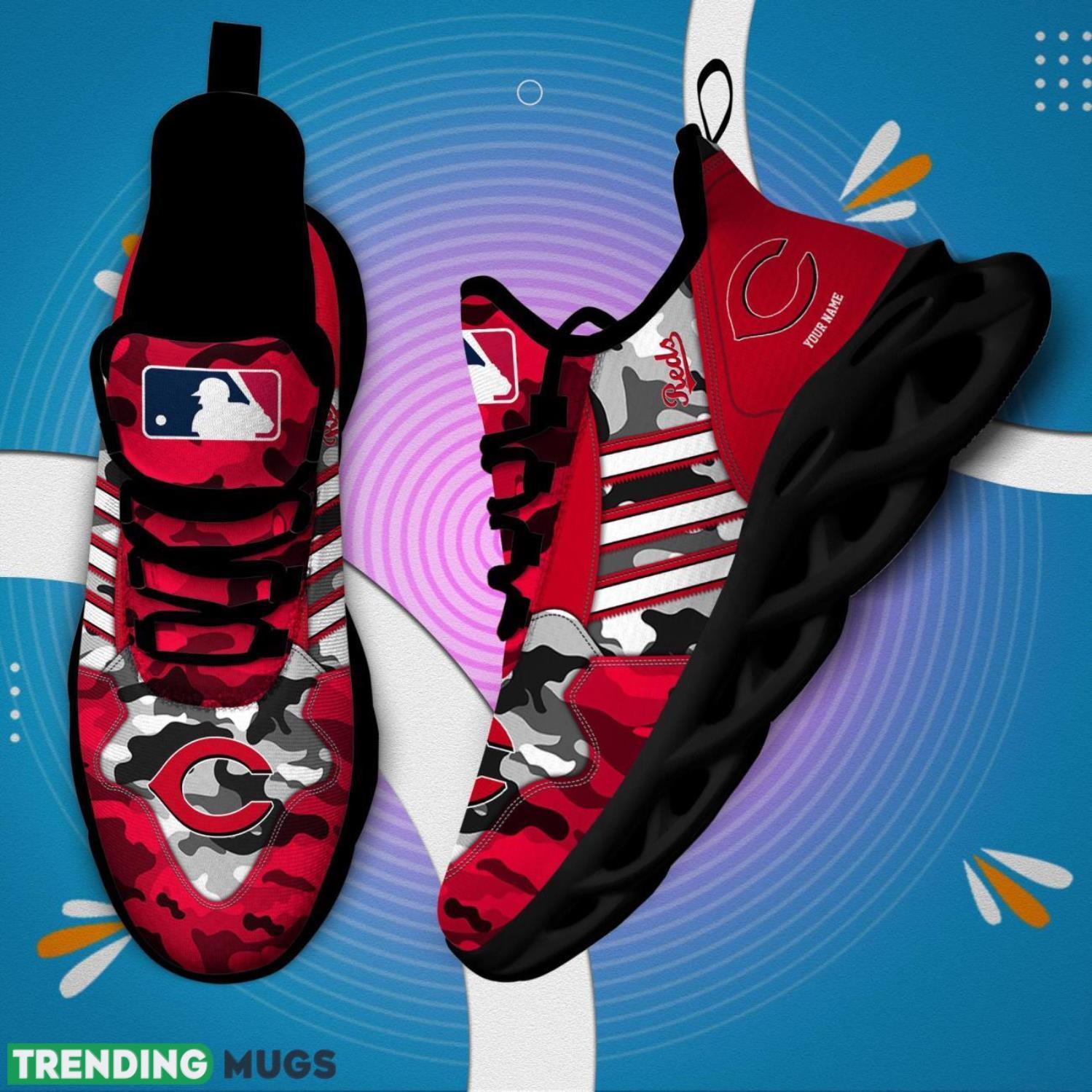 Custom Name Cincinnati Reds Personalized Sneakers Max Soul Shoes Camo Pattern And White Striped Shoes Max Soul Custom Name Cincinnati Reds Personalized Sneakers Max Soul Shoes Camo Pattern And White Striped Shoes Max Soul