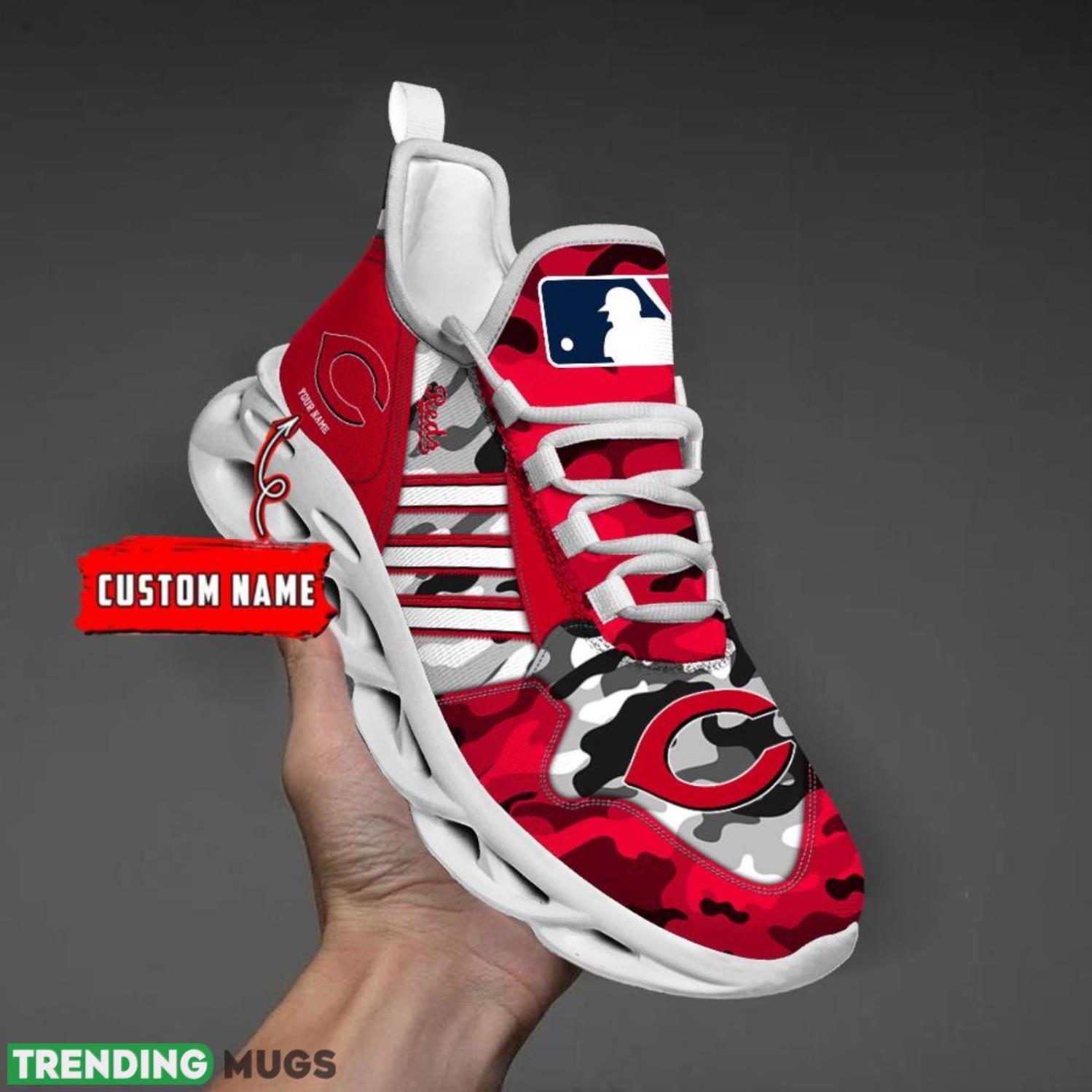 Custom Name Cincinnati Reds Personalized Sneakers Max Soul Shoes Camo Pattern And White Striped Shoes Product Photo 1 Custom Name Cincinnati Reds Personalized Sneakers Max Soul Shoes Camo Pattern And White Striped Shoes Product Photo 1
