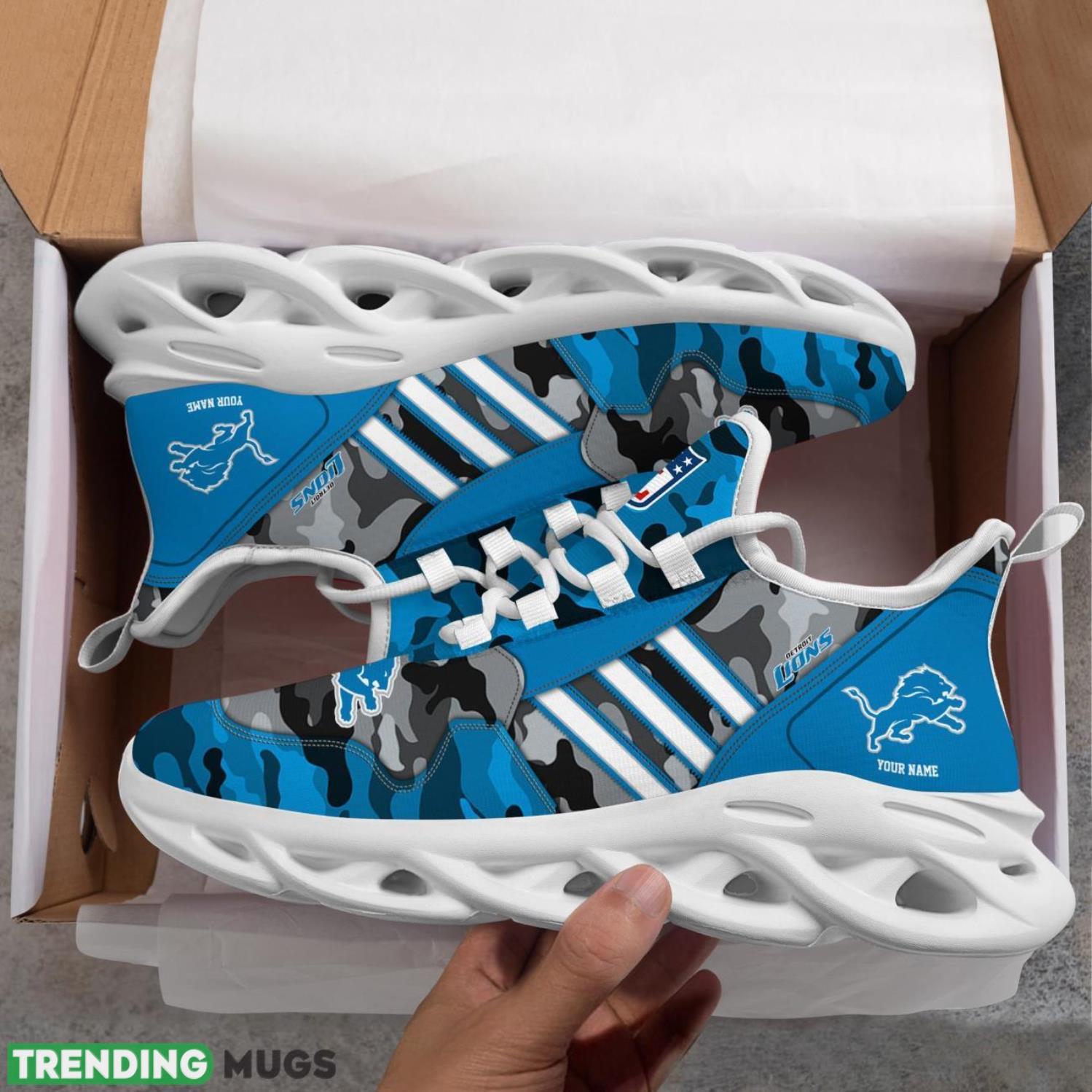 Custom Name Detroit Lions Personalized Sneakers Max Soul Shoes Camo Pattern And White Striped Shoes Max Soul Custom Name Detroit Lions Personalized Sneakers Max Soul Shoes Camo Pattern And White Striped Shoes Max Soul