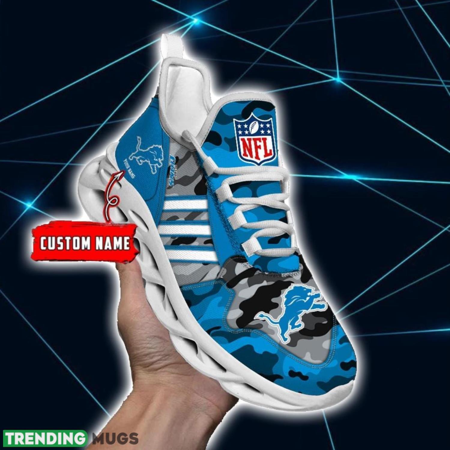 Custom Name Detroit Lions Personalized Sneakers Max Soul Shoes Camo Pattern And White Striped Shoes Product Photo 1 Custom Name Detroit Lions Personalized Sneakers Max Soul Shoes Camo Pattern And White Striped Shoes Product Photo 1