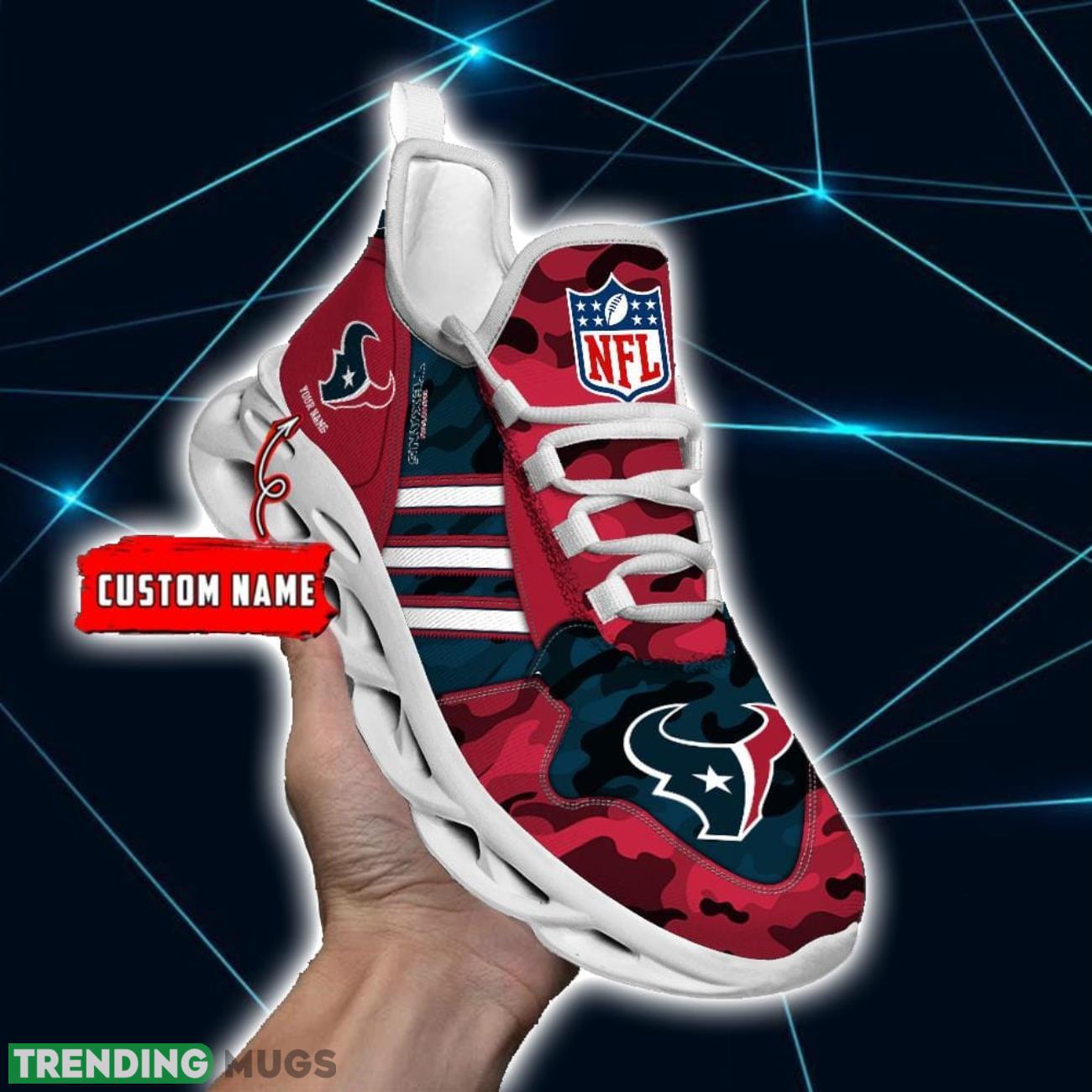 Custom Name Houston Texans Personalized Sneakers Max Soul Shoes Camo Pattern And White Striped Shoes Product Photo 1 Custom Name Houston Texans Personalized Sneakers Max Soul Shoes Camo Pattern And White Striped Shoes Product Photo 1