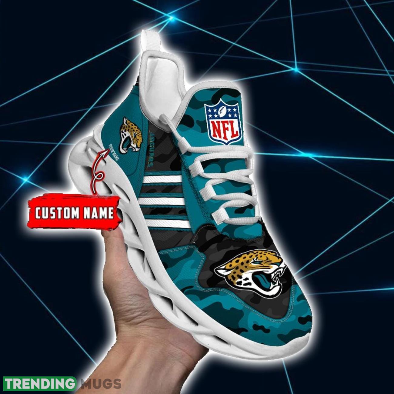 Custom Name Jacksonville Jaguars Personalized Sneakers Max Soul Shoes Camo Pattern And White Striped Shoes Product Photo 1 Custom Name Jacksonville Jaguars Personalized Sneakers Max Soul Shoes Camo Pattern And White Striped Shoes Product Photo 1