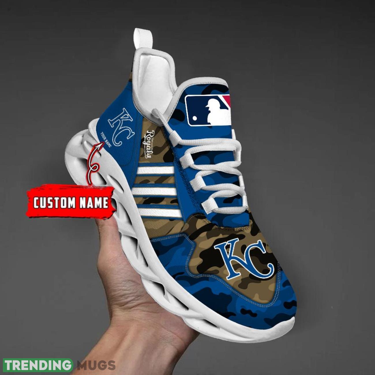 Custom Name Kansas City Royals Personalized Sneakers Max Soul Shoes Camo Pattern And White Striped Shoes Product Photo 1 Custom Name Kansas City Royals Personalized Sneakers Max Soul Shoes Camo Pattern And White Striped Shoes Product Photo 1