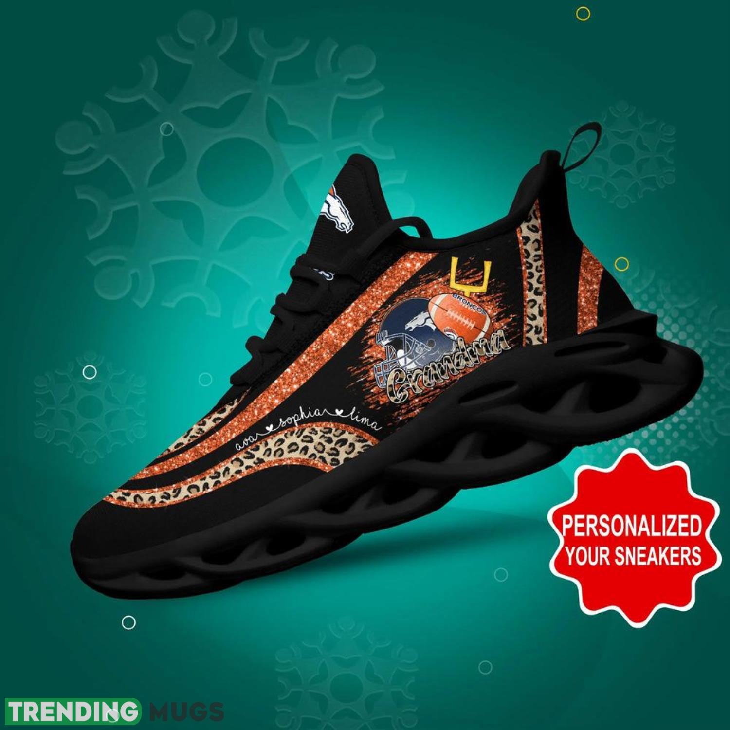 Denver Broncos NFL Max Soul Shoes Custom Name Leopard Prints Glitter Christmas Running Shoes Gifts For NFL Fans Max Soul Denver Broncos NFL Max Soul Shoes Custom Name Leopard Prints Glitter Christmas Running Shoes Gifts For NFL Fans Max Soul